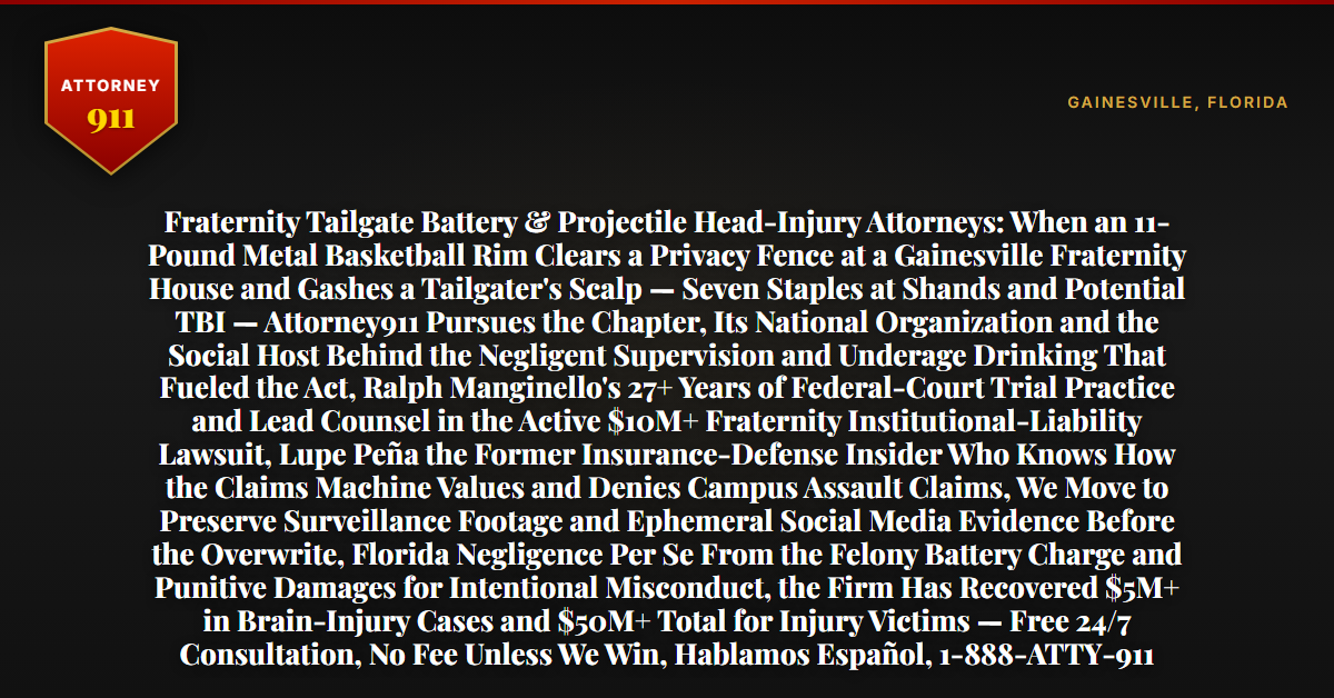 Fraternity Tailgate Battery & Projectile Head-Injury Attorneys: When an 11-Pound Metal Basketball Rim Clears a Privacy Fence at a Gainesville Fraternity House and Gashes a Tailgater's Scalp — Seven Staples at Shands and Potential TBI — Attorney911 Pursues the Chapter, Its National Organization and the Social Host Behind the Negligent Supervision and Underage Drinking That Fueled the Act, Ralph Manginello's 27+ Years of Federal-Court Trial Practice and Lead Counsel in the Active $10M+ Fraternity Institutional-Liability Lawsuit, Lupe Peña the Former Insurance-Defense Insider Who Knows How the Claims Machine Values and Denies Campus Assault Claims, We Move to Preserve Surveillance Footage and Ephemeral Social Media Evidence Before the Overwrite, Florida Negligence Per Se From the Felony Battery Charge and Punitive Damages for Intentional Misconduct, the Firm Has Recovered $5M+ in Brain-Injury Cases and $50M+ Total for Injury Victims — Free 24/7 Consultation, No Fee Unless We Win, Hablamos Español, 1-888-ATTY-911 - Attorney911