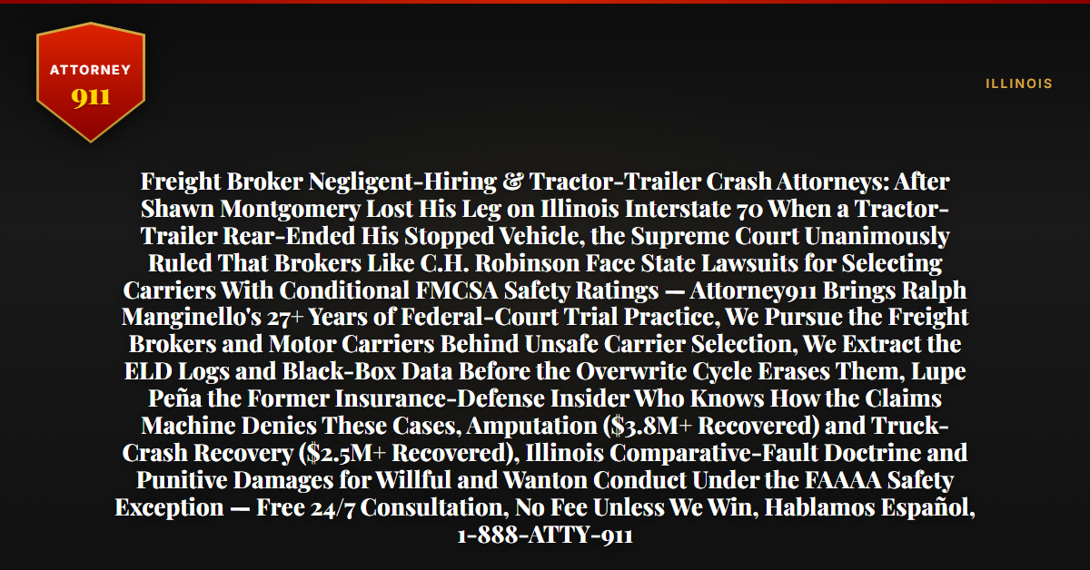 Freight Broker Negligent-Hiring & Tractor-Trailer Crash Attorneys: After Shawn Montgomery Lost His Leg on Illinois Interstate 70 When a Tractor-Trailer Rear-Ended His Stopped Vehicle, the Supreme Court Unanimously Ruled That Brokers Like C.H. Robinson Face State Lawsuits for Selecting Carriers With Conditional FMCSA Safety Ratings — Attorney911 Brings Ralph Manginello's 27+ Years of Federal-Court Trial Practice, We Pursue the Freight Brokers and Motor Carriers Behind Unsafe Carrier Selection, We Extract the ELD Logs and Black-Box Data Before the Overwrite Cycle Erases Them, Lupe Peña the Former Insurance-Defense Insider Who Knows How the Claims Machine Denies These Cases, Amputation ($3.8M+ Recovered) and Truck-Crash Recovery ($2.5M+ Recovered), Illinois Comparative-Fault Doctrine and Punitive Damages for Willful and Wanton Conduct Under the FAAAA Safety Exception — Free 24/7 Consultation, No Fee Unless We Win, Hablamos Español, 1-888-ATTY-911 - Attorney911
