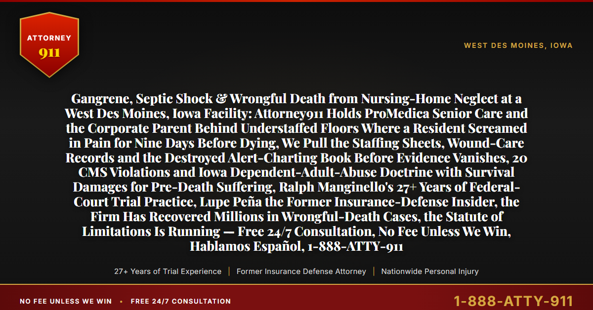 Gangrene, Septic Shock & Wrongful Death from Nursing-Home Neglect at a West Des Moines, Iowa Facility: Attorney911 Holds ProMedica Senior Care and the Corporate Parent Behind Understaffed Floors Where a Resident Screamed in Pain for Nine Days Before Dying, We Pull the Staffing Sheets, Wound-Care Records and the Destroyed Alert-Charting Book Before Evidence Vanishes, 20 CMS Violations and Iowa Dependent-Adult-Abuse Doctrine with Survival Damages for Pre-Death Suffering, Ralph Manginello's 27+ Years of Federal-Court Trial Practice, Lupe Peña the Former Insurance-Defense Insider, the Firm Has Recovered Millions in Wrongful-Death Cases, the Statute of Limitations Is Running — Free 24/7 Consultation, No Fee Unless We Win, Hablamos Español, 1-888-ATTY-911 - Attorney911