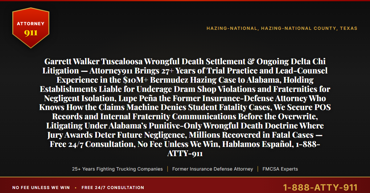 Garrett Walker Tuscaloosa Wrongful Death Settlement & Ongoing Delta Chi Litigation — Attorney911 Brings 27+ Years of Trial Practice and Lead-Counsel Experience in the $10M+ Bermudez Hazing Case to Alabama, Holding Establishments Liable for Underage Dram Shop Violations and Fraternities for Negligent Isolation, Lupe Peña the Former Insurance-Defense Attorney Who Knows How the Claims Machine Denies Student Fatality Cases, We Secure POS Records and Internal Fraternity Communications Before the Overwrite, Litigating Under Alabama’s Punitive-Only Wrongful Death Doctrine Where Jury Awards Deter Future Negligence, Millions Recovered in Fatal Cases — Free 24/7 Consultation, No Fee Unless We Win, Hablamos Español, 1-888-ATTY-911 - Attorney911