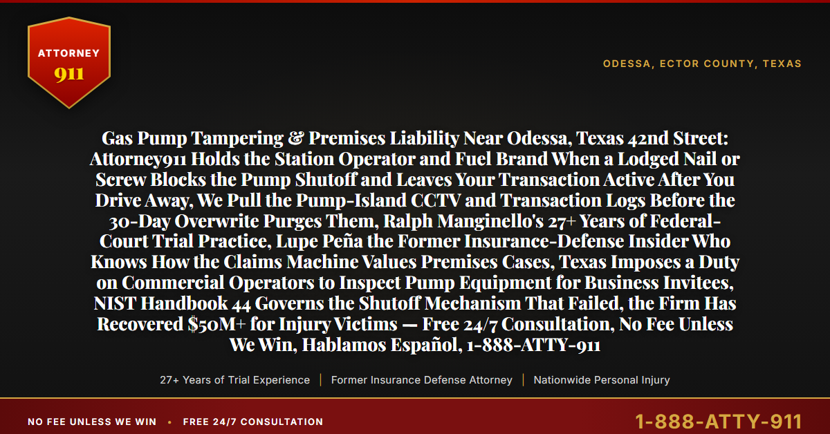 Gas Pump Tampering & Premises Liability Near Odessa, Texas 42nd Street: Attorney911 Holds the Station Operator and Fuel Brand When a Lodged Nail or Screw Blocks the Pump Shutoff and Leaves Your Transaction Active After You Drive Away, We Pull the Pump-Island CCTV and Transaction Logs Before the 30-Day Overwrite Purges Them, Ralph Manginello's 27+ Years of Federal-Court Trial Practice, Lupe Peña the Former Insurance-Defense Insider Who Knows How the Claims Machine Values Premises Cases, Texas Imposes a Duty on Commercial Operators to Inspect Pump Equipment for Business Invitees, NIST Handbook 44 Governs the Shutoff Mechanism That Failed, the Firm Has Recovered $50M+ for Injury Victims — Free 24/7 Consultation, No Fee Unless We Win, Hablamos Español, 1-888-ATTY-911 - Attorney911