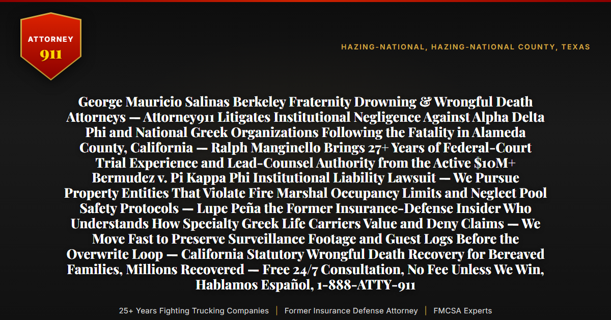 George Mauricio Salinas Berkeley Fraternity Drowning & Wrongful Death Attorneys — Attorney911 Litigates Institutional Negligence Against Alpha Delta Phi and National Greek Organizations Following the Fatality in Alameda County, California — Ralph Manginello Brings 27+ Years of Federal-Court Trial Experience and Lead-Counsel Authority from the Active $10M+ Bermudez v. Pi Kappa Phi Institutional Liability Lawsuit — We Pursue Property Entities That Violate Fire Marshal Occupancy Limits and Neglect Pool Safety Protocols — Lupe Peña the Former Insurance-Defense Insider Who Understands How Specialty Greek Life Carriers Value and Deny Claims — We Move Fast to Preserve Surveillance Footage and Guest Logs Before the Overwrite Loop — California Statutory Wrongful Death Recovery for Bereaved Families, Millions Recovered — Free 24/7 Consultation, No Fee Unless We Win, Hablamos Español, 1-888-ATTY-911 - Attorney911