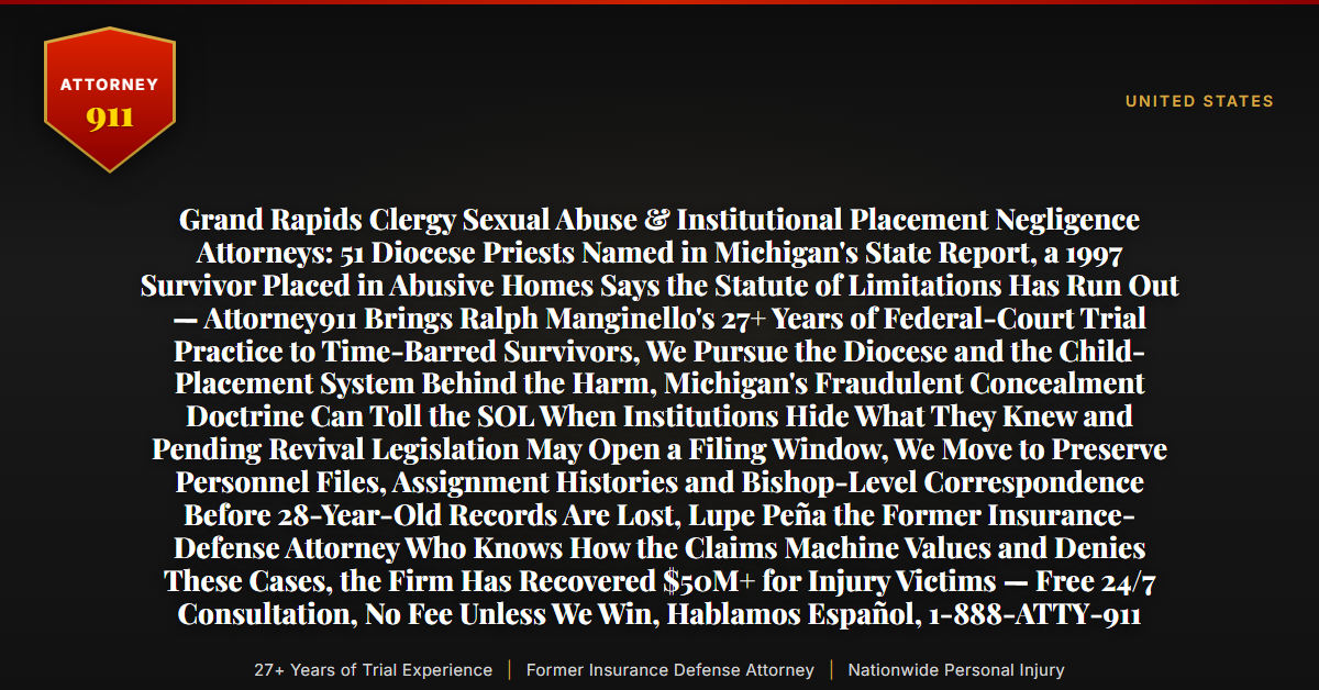 Grand Rapids Clergy Sexual Abuse & Institutional Placement Negligence Attorneys: 51 Diocese Priests Named in Michigan's State Report, a 1997 Survivor Placed in Abusive Homes Says the Statute of Limitations Has Run Out — Attorney911 Brings Ralph Manginello's 27+ Years of Federal-Court Trial Practice to Time-Barred Survivors, We Pursue the Diocese and the Child-Placement System Behind the Harm, Michigan's Fraudulent Concealment Doctrine Can Toll the SOL When Institutions Hide What They Knew and Pending Revival Legislation May Open a Filing Window, We Move to Preserve Personnel Files, Assignment Histories and Bishop-Level Correspondence Before 28-Year-Old Records Are Lost, Lupe Peña the Former Insurance-Defense Attorney Who Knows How the Claims Machine Values and Denies These Cases, the Firm Has Recovered $50M+ for Injury Victims — Free 24/7 Consultation, No Fee Unless We Win, Hablamos Español, 1-888-ATTY-911 - Attorney911