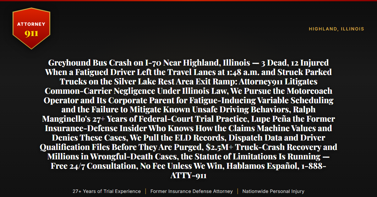 Greyhound Bus Crash on I-70 Near Highland, Illinois — 3 Dead, 12 Injured When a Fatigued Driver Left the Travel Lanes at 1:48 a.m. and Struck Parked Trucks on the Silver Lake Rest Area Exit Ramp: Attorney911 Litigates Common-Carrier Negligence Under Illinois Law, We Pursue the Motorcoach Operator and Its Corporate Parent for Fatigue-Inducing Variable Scheduling and the Failure to Mitigate Known Unsafe Driving Behaviors, Ralph Manginello's 27+ Years of Federal-Court Trial Practice, Lupe Peña the Former Insurance-Defense Insider Who Knows How the Claims Machine Values and Denies These Cases, We Pull the ELD Records, Dispatch Data and Driver Qualification Files Before They Are Purged, $2.5M+ Truck-Crash Recovery and Millions in Wrongful-Death Cases, the Statute of Limitations Is Running — Free 24/7 Consultation, No Fee Unless We Win, Hablamos Español, 1-888-ATTY-911 - Attorney911