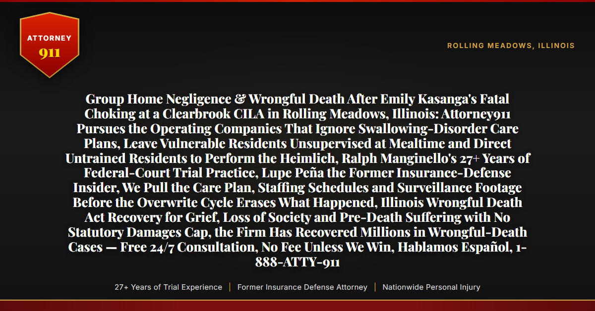 Group Home Negligence & Wrongful Death After Emily Kasanga's Fatal Choking at a Clearbrook CILA in Rolling Meadows, Illinois: Attorney911 Pursues the Operating Companies That Ignore Swallowing-Disorder Care Plans, Leave Vulnerable Residents Unsupervised at Mealtime and Direct Untrained Residents to Perform the Heimlich, Ralph Manginello's 27+ Years of Federal-Court Trial Practice, Lupe Peña the Former Insurance-Defense Insider, We Pull the Care Plan, Staffing Schedules and Surveillance Footage Before the Overwrite Cycle Erases What Happened, Illinois Wrongful Death Act Recovery for Grief, Loss of Society and Pre-Death Suffering with No Statutory Damages Cap, the Firm Has Recovered Millions in Wrongful-Death Cases — Free 24/7 Consultation, No Fee Unless We Win, Hablamos Español, 1-888-ATTY-911 - Attorney911