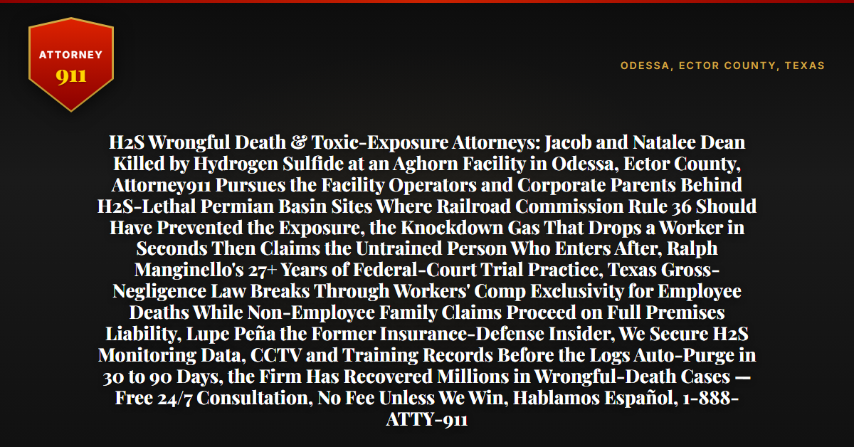 H2S Wrongful Death & Toxic-Exposure Attorneys: Jacob and Natalee Dean Killed by Hydrogen Sulfide at an Aghorn Facility in Odessa, Ector County, Attorney911 Pursues the Facility Operators and Corporate Parents Behind H2S-Lethal Permian Basin Sites Where Railroad Commission Rule 36 Should Have Prevented the Exposure, the Knockdown Gas That Drops a Worker in Seconds Then Claims the Untrained Person Who Enters After, Ralph Manginello's 27+ Years of Federal-Court Trial Practice, Texas Gross-Negligence Law Breaks Through Workers' Comp Exclusivity for Employee Deaths While Non-Employee Family Claims Proceed on Full Premises Liability, Lupe Peña the Former Insurance-Defense Insider, We Secure H2S Monitoring Data, CCTV and Training Records Before the Logs Auto-Purge in 30 to 90 Days, the Firm Has Recovered Millions in Wrongful-Death Cases — Free 24/7 Consultation, No Fee Unless We Win, Hablamos Español, 1-888-ATTY-911 - Attorney911
