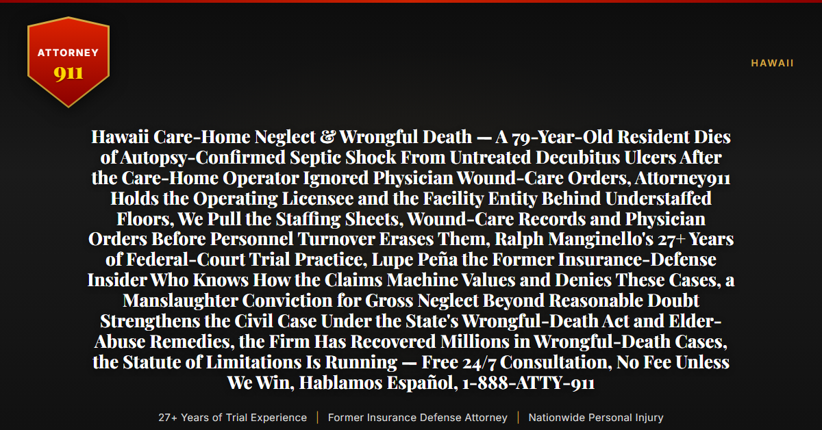 Hawaii Care-Home Neglect & Wrongful Death — A 79-Year-Old Resident Dies of Autopsy-Confirmed Septic Shock From Untreated Decubitus Ulcers After the Care-Home Operator Ignored Physician Wound-Care Orders, Attorney911 Holds the Operating Licensee and the Facility Entity Behind Understaffed Floors, We Pull the Staffing Sheets, Wound-Care Records and Physician Orders Before Personnel Turnover Erases Them, Ralph Manginello's 27+ Years of Federal-Court Trial Practice, Lupe Peña the Former Insurance-Defense Insider Who Knows How the Claims Machine Values and Denies These Cases, a Manslaughter Conviction for Gross Neglect Beyond Reasonable Doubt Strengthens the Civil Case Under the State's Wrongful-Death Act and Elder-Abuse Remedies, the Firm Has Recovered Millions in Wrongful-Death Cases, the Statute of Limitations Is Running — Free 24/7 Consultation, No Fee Unless We Win, Hablamos Español, 1-888-ATTY-911 - Attorney911