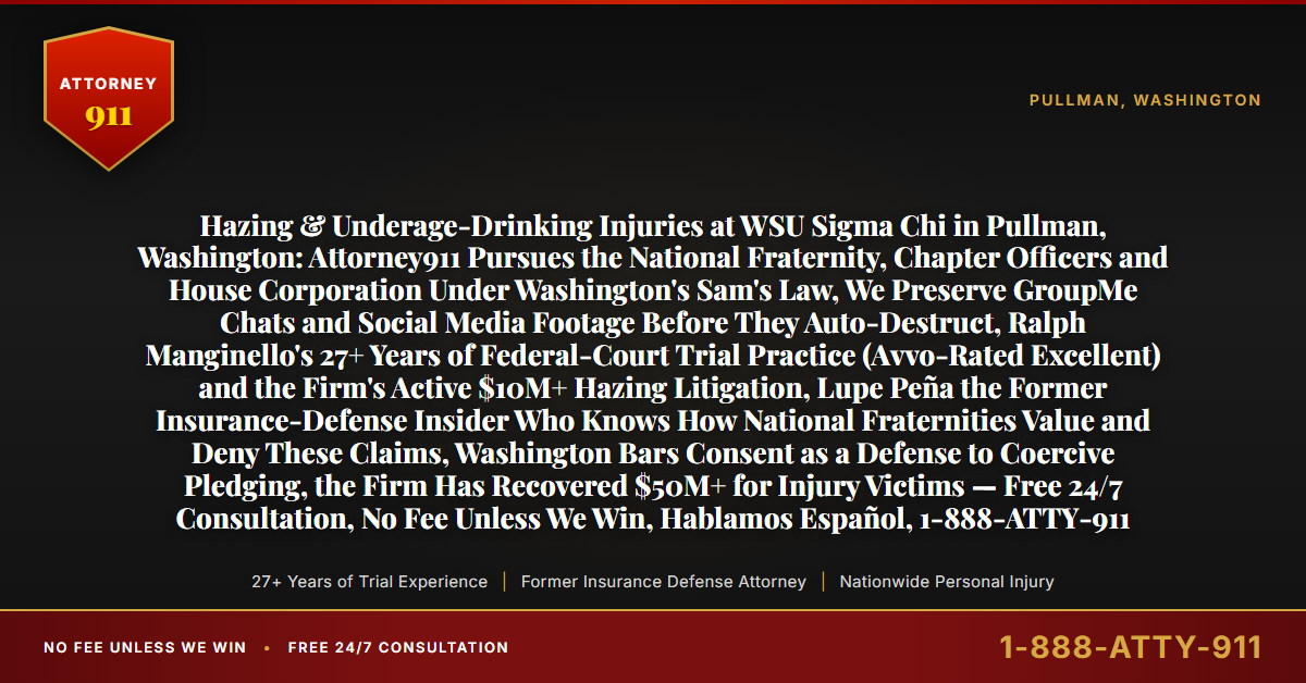 Hazing & Underage-Drinking Injuries at WSU Sigma Chi in Pullman, Washington: Attorney911 Pursues the National Fraternity, Chapter Officers and House Corporation Under Washington's Sam's Law, We Preserve GroupMe Chats and Social Media Footage Before They Auto-Destruct, Ralph Manginello's 27+ Years of Federal-Court Trial Practice (Avvo-Rated Excellent) and the Firm's Active $10M+ Hazing Litigation, Lupe Peña the Former Insurance-Defense Insider Who Knows How National Fraternities Value and Deny These Claims, Washington Bars Consent as a Defense to Coercive Pledging, the Firm Has Recovered $50M+ for Injury Victims — Free 24/7 Consultation, No Fee Unless We Win, Hablamos Español, 1-888-ATTY-911 - Attorney911