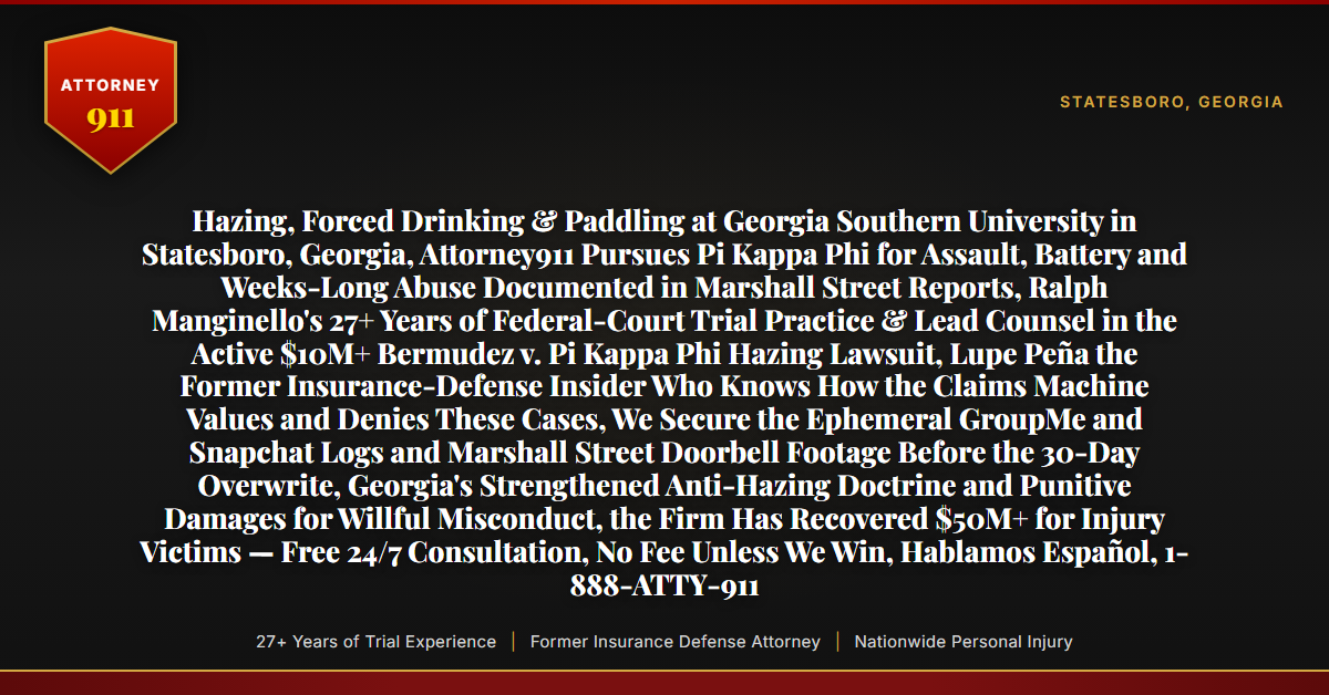 Hazing, Forced Drinking & Paddling at Georgia Southern University in Statesboro, Georgia, Attorney911 Pursues Pi Kappa Phi for Assault, Battery and Weeks-Long Abuse Documented in Marshall Street Reports, Ralph Manginello's 27+ Years of Federal-Court Trial Practice & Lead Counsel in the Active $10M+ Bermudez v. Pi Kappa Phi Hazing Lawsuit, Lupe Peña the Former Insurance-Defense Insider Who Knows How the Claims Machine Values and Denies These Cases, We Secure the Ephemeral GroupMe and Snapchat Logs and Marshall Street Doorbell Footage Before the 30-Day Overwrite, Georgia's Strengthened Anti-Hazing Doctrine and Punitive Damages for Willful Misconduct, the Firm Has Recovered $50M+ for Injury Victims — Free 24/7 Consultation, No Fee Unless We Win, Hablamos Español, 1-888-ATTY-911 - Attorney911