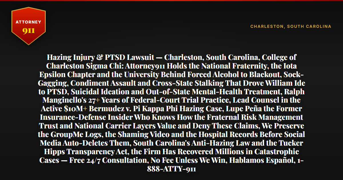 Hazing Injury & PTSD Lawsuit — Charleston, South Carolina, College of Charleston Sigma Chi: Attorney911 Holds the National Fraternity, the Iota Epsilon Chapter and the University Behind Forced Alcohol to Blackout, Sock-Gagging, Condiment Assault and Cross-State Stalking That Drove William Ide to PTSD, Suicidal Ideation and Out-of-State Mental-Health Treatment, Ralph Manginello's 27+ Years of Federal-Court Trial Practice, Lead Counsel in the Active $10M+ Bermudez v. Pi Kappa Phi Hazing Case, Lupe Peña the Former Insurance-Defense Insider Who Knows How the Fraternal Risk Management Trust and National Carrier Layers Value and Deny These Claims, We Preserve the GroupMe Logs, the Shaming Video and the Hospital Records Before Social Media Auto-Deletes Them, South Carolina's Anti-Hazing Law and the Tucker Hipps Transparency Act, the Firm Has Recovered Millions in Catastrophic Cases — Free 24/7 Consultation, No Fee Unless We Win, Hablamos Español, 1-888-ATTY-911 - Attorney911