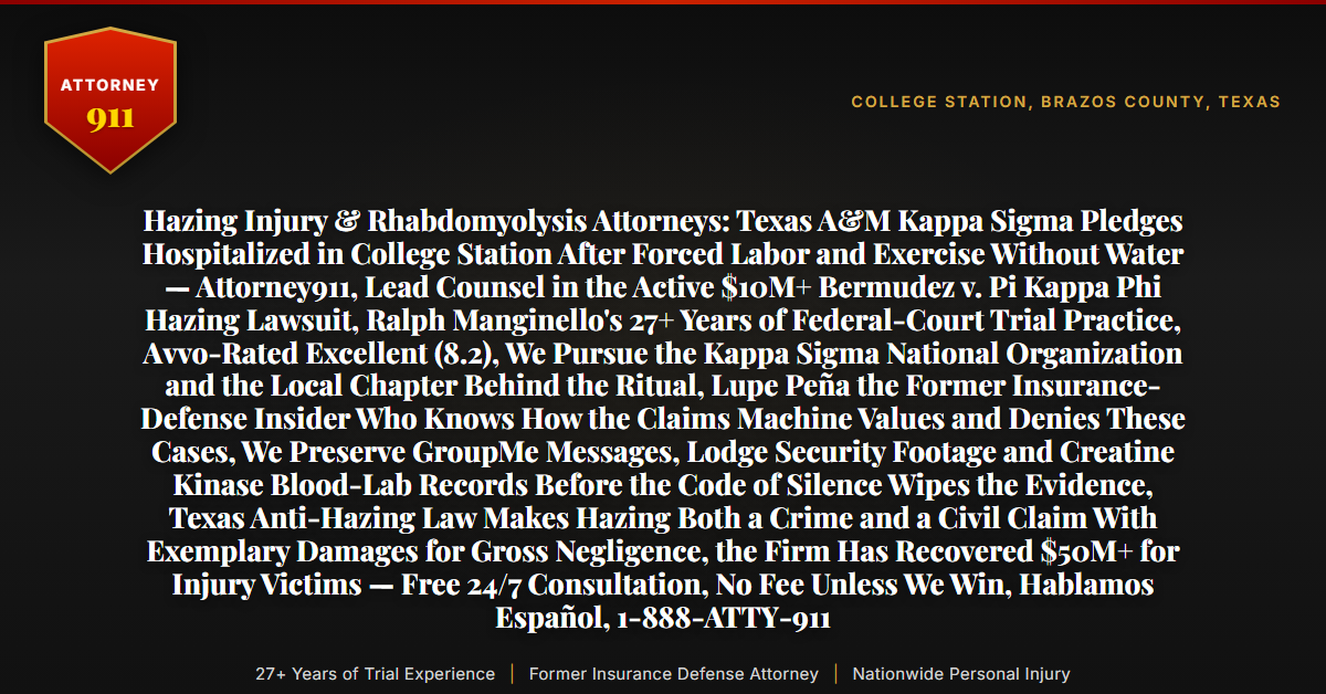 Hazing Injury & Rhabdomyolysis Attorneys: Texas A&M Kappa Sigma Pledges Hospitalized in College Station After Forced Labor and Exercise Without Water — Attorney911, Lead Counsel in the Active $10M+ Bermudez v. Pi Kappa Phi Hazing Lawsuit, Ralph Manginello's 27+ Years of Federal-Court Trial Practice, Avvo-Rated Excellent (8.2), We Pursue the Kappa Sigma National Organization and the Local Chapter Behind the Ritual, Lupe Peña the Former Insurance-Defense Insider Who Knows How the Claims Machine Values and Denies These Cases, We Preserve GroupMe Messages, Lodge Security Footage and Creatine Kinase Blood-Lab Records Before the Code of Silence Wipes the Evidence, Texas Anti-Hazing Law Makes Hazing Both a Crime and a Civil Claim With Exemplary Damages for Gross Negligence, the Firm Has Recovered $50M+ for Injury Victims — Free 24/7 Consultation, No Fee Unless We Win, Hablamos Español, 1-888-ATTY-911 - Attorney911