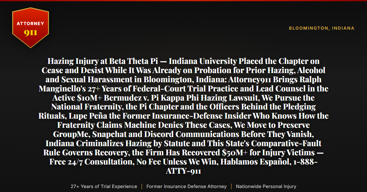 Hazing Injury at Beta Theta Pi — Indiana University Placed the Chapter on Cease and Desist While It Was Already on Probation for Prior Hazing, Alcohol and Sexual Harassment in Bloomington, Indiana: Attorney911 Brings Ralph Manginello's 27+ Years of Federal-Court Trial Practice and Lead Counsel in the Active $10M+ Bermudez v. Pi Kappa Phi Hazing Lawsuit, We Pursue the National Fraternity, the Pi Chapter and the Officers Behind the Pledging Rituals, Lupe Peña the Former Insurance-Defense Insider Who Knows How the Fraternity Claims Machine Denies These Cases, We Move to Preserve GroupMe, Snapchat and Discord Communications Before They Vanish, Indiana Criminalizes Hazing by Statute and This State's Comparative-Fault Rule Governs Recovery, the Firm Has Recovered $50M+ for Injury Victims — Free 24/7 Consultation, No Fee Unless We Win, Hablamos Español, 1-888-ATTY-911 - Attorney911