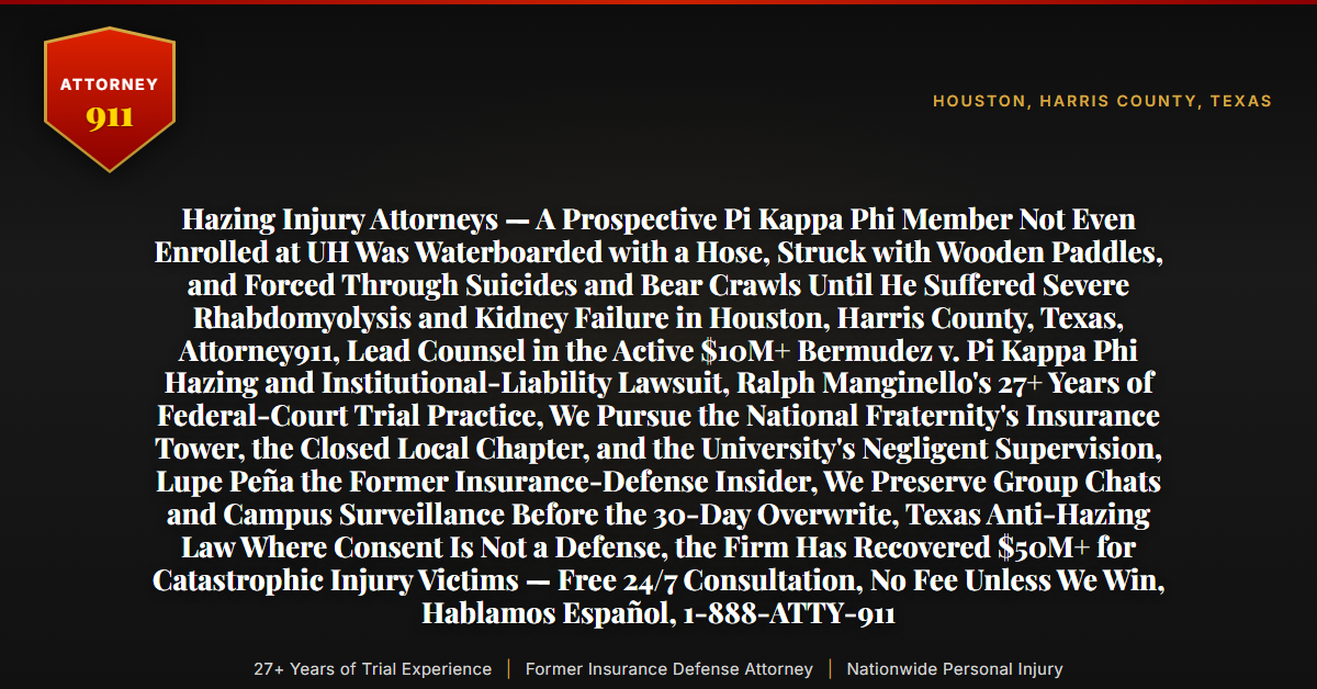 Hazing Injury Attorneys — A Prospective Pi Kappa Phi Member Not Even Enrolled at UH Was Waterboarded with a Hose, Struck with Wooden Paddles, and Forced Through Suicides and Bear Crawls Until He Suffered Severe Rhabdomyolysis and Kidney Failure in Houston, Harris County, Texas, Attorney911, Lead Counsel in the Active $10M+ Bermudez v. Pi Kappa Phi Hazing and Institutional-Liability Lawsuit, Ralph Manginello's 27+ Years of Federal-Court Trial Practice, We Pursue the National Fraternity's Insurance Tower, the Closed Local Chapter, and the University's Negligent Supervision, Lupe Peña the Former Insurance-Defense Insider, We Preserve Group Chats and Campus Surveillance Before the 30-Day Overwrite, Texas Anti-Hazing Law Where Consent Is Not a Defense, the Firm Has Recovered $50M+ for Catastrophic Injury Victims — Free 24/7 Consultation, No Fee Unless We Win, Hablamos Español, 1-888-ATTY-911 - Attorney911