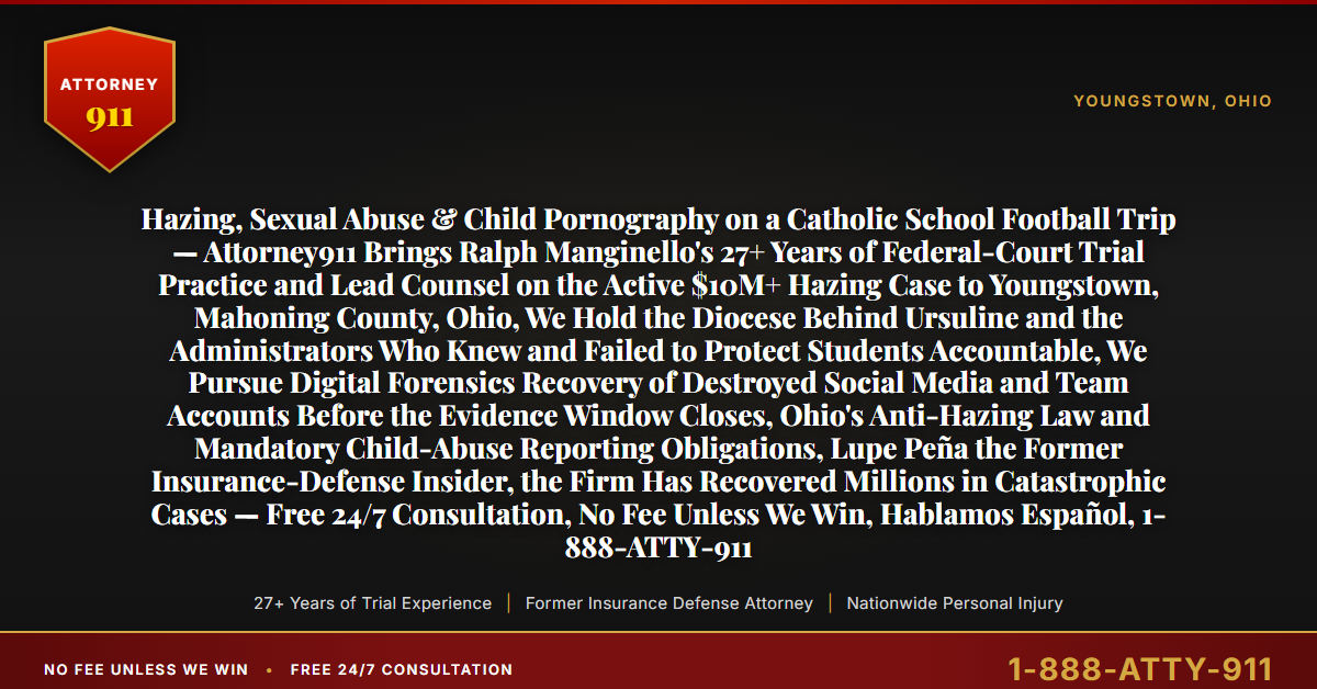 Hazing, Sexual Abuse & Child Pornography on a Catholic School Football Trip — Attorney911 Brings Ralph Manginello's 27+ Years of Federal-Court Trial Practice and Lead Counsel on the Active $10M+ Hazing Case to Youngstown, Mahoning County, Ohio, We Hold the Diocese Behind Ursuline and the Administrators Who Knew and Failed to Protect Students Accountable, We Pursue Digital Forensics Recovery of Destroyed Social Media and Team Accounts Before the Evidence Window Closes, Ohio's Anti-Hazing Law and Mandatory Child-Abuse Reporting Obligations, Lupe Peña the Former Insurance-Defense Insider, the Firm Has Recovered Millions in Catastrophic Cases — Free 24/7 Consultation, No Fee Unless We Win, Hablamos Español, 1-888-ATTY-911 - Attorney911