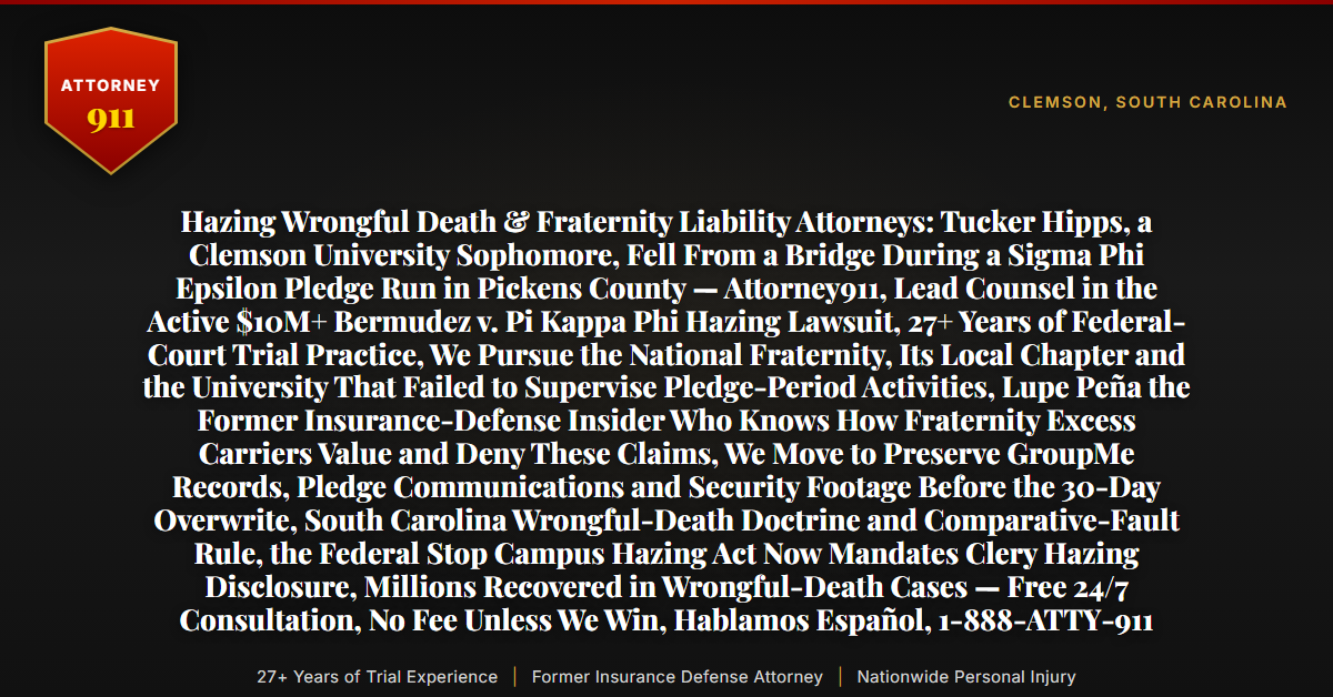Hazing Wrongful Death & Fraternity Liability Attorneys: Tucker Hipps, a Clemson University Sophomore, Fell From a Bridge During a Sigma Phi Epsilon Pledge Run in Pickens County — Attorney911, Lead Counsel in the Active $10M+ Bermudez v. Pi Kappa Phi Hazing Lawsuit, 27+ Years of Federal-Court Trial Practice, We Pursue the National Fraternity, Its Local Chapter and the University That Failed to Supervise Pledge-Period Activities, Lupe Peña the Former Insurance-Defense Insider Who Knows How Fraternity Excess Carriers Value and Deny These Claims, We Move to Preserve GroupMe Records, Pledge Communications and Security Footage Before the 30-Day Overwrite, South Carolina Wrongful-Death Doctrine and Comparative-Fault Rule, the Federal Stop Campus Hazing Act Now Mandates Clery Hazing Disclosure, Millions Recovered in Wrongful-Death Cases — Free 24/7 Consultation, No Fee Unless We Win, Hablamos Español, 1-888-ATTY-911 - Attorney911