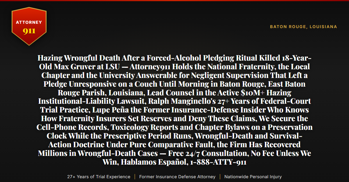 Hazing Wrongful Death After a Forced-Alcohol Pledging Ritual Killed 18-Year-Old Max Gruver at LSU — Attorney911 Holds the National Fraternity, the Local Chapter and the University Answerable for Negligent Supervision That Left a Pledge Unresponsive on a Couch Until Morning in Baton Rouge, East Baton Rouge Parish, Louisiana, Lead Counsel in the Active $10M+ Hazing Institutional-Liability Lawsuit, Ralph Manginello's 27+ Years of Federal-Court Trial Practice, Lupe Peña the Former Insurance-Defense Insider Who Knows How Fraternity Insurers Set Reserves and Deny These Claims, We Secure the Cell-Phone Records, Toxicology Reports and Chapter Bylaws on a Preservation Clock While the Prescriptive Period Runs, Wrongful-Death and Survival-Action Doctrine Under Pure Comparative Fault, the Firm Has Recovered Millions in Wrongful-Death Cases — Free 24/7 Consultation, No Fee Unless We Win, Hablamos Español, 1-888-ATTY-911 - Attorney911