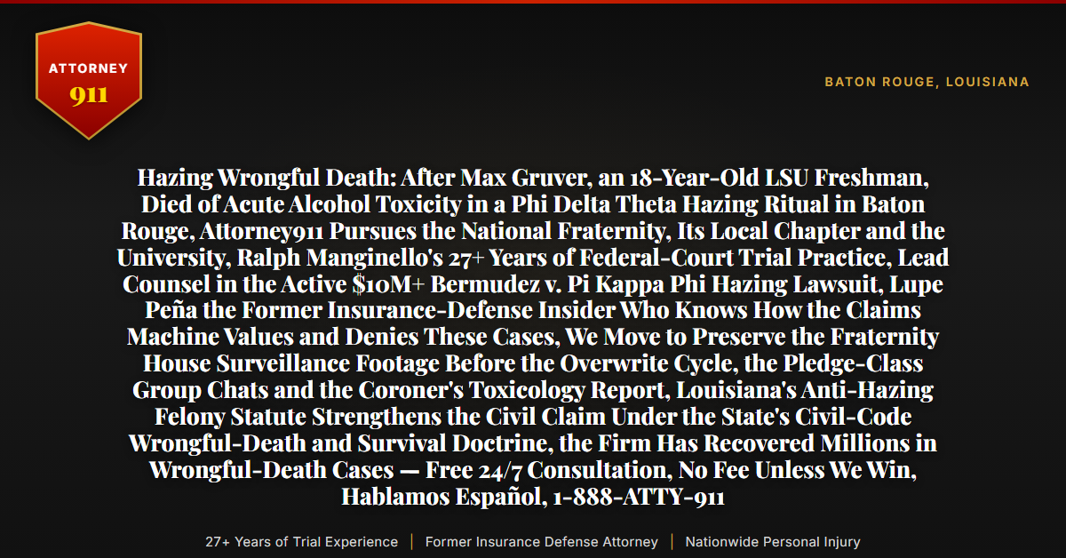 Hazing Wrongful Death: After Max Gruver, an 18-Year-Old LSU Freshman, Died of Acute Alcohol Toxicity in a Phi Delta Theta Hazing Ritual in Baton Rouge, Attorney911 Pursues the National Fraternity, Its Local Chapter and the University, Ralph Manginello's 27+ Years of Federal-Court Trial Practice, Lead Counsel in the Active $10M+ Bermudez v. Pi Kappa Phi Hazing Lawsuit, Lupe Peña the Former Insurance-Defense Insider Who Knows How the Claims Machine Values and Denies These Cases, We Move to Preserve the Fraternity House Surveillance Footage Before the Overwrite Cycle, the Pledge-Class Group Chats and the Coroner's Toxicology Report, Louisiana's Anti-Hazing Felony Statute Strengthens the Civil Claim Under the State's Civil-Code Wrongful-Death and Survival Doctrine, the Firm Has Recovered Millions in Wrongful-Death Cases — Free 24/7 Consultation, No Fee Unless We Win, Hablamos Español, 1-888-ATTY-911 - Attorney911