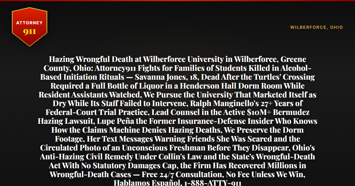 Hazing Wrongful Death at Wilberforce University in Wilberforce, Greene County, Ohio: Attorney911 Fights for Families of Students Killed in Alcohol-Based Initiation Rituals — Savanna Jones, 18, Dead After the Turtles' Crossing Required a Full Bottle of Liquor in a Henderson Hall Dorm Room While Resident Assistants Watched, We Pursue the University That Marketed Itself as Dry While Its Staff Failed to Intervene, Ralph Manginello's 27+ Years of Federal-Court Trial Practice, Lead Counsel in the Active $10M+ Bermudez Hazing Lawsuit, Lupe Peña the Former Insurance-Defense Insider Who Knows How the Claims Machine Denies Hazing Deaths, We Preserve the Dorm Footage, Her Text Messages Warning Friends She Was Scared and the Circulated Photo of an Unconscious Freshman Before They Disappear, Ohio's Anti-Hazing Civil Remedy Under Collin's Law and the State's Wrongful-Death Act With No Statutory Damages Cap, the Firm Has Recovered Millions in Wrongful-Death Cases — Free 24/7 Consultation, No Fee Unless We Win, Hablamos Español, 1-888-ATTY-911 - Attorney911