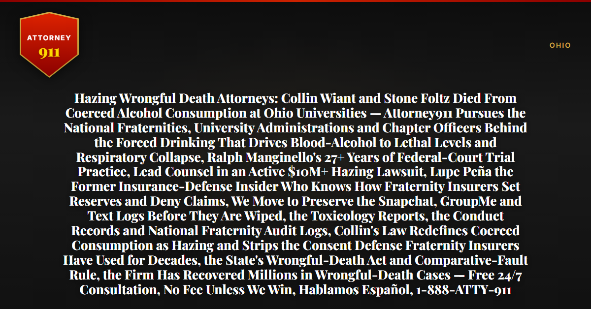 Hazing Wrongful Death Attorneys: Collin Wiant and Stone Foltz Died From Coerced Alcohol Consumption at Ohio Universities — Attorney911 Pursues the National Fraternities, University Administrations and Chapter Officers Behind the Forced Drinking That Drives Blood-Alcohol to Lethal Levels and Respiratory Collapse, Ralph Manginello's 27+ Years of Federal-Court Trial Practice, Lead Counsel in an Active $10M+ Hazing Lawsuit, Lupe Peña the Former Insurance-Defense Insider Who Knows How Fraternity Insurers Set Reserves and Deny Claims, We Move to Preserve the Snapchat, GroupMe and Text Logs Before They Are Wiped, the Toxicology Reports, the Conduct Records and National Fraternity Audit Logs, Collin's Law Redefines Coerced Consumption as Hazing and Strips the Consent Defense Fraternity Insurers Have Used for Decades, the State's Wrongful-Death Act and Comparative-Fault Rule, the Firm Has Recovered Millions in Wrongful-Death Cases — Free 24/7 Consultation, No Fee Unless We Win, Hablamos Español, 1-888-ATTY-911 - Attorney911