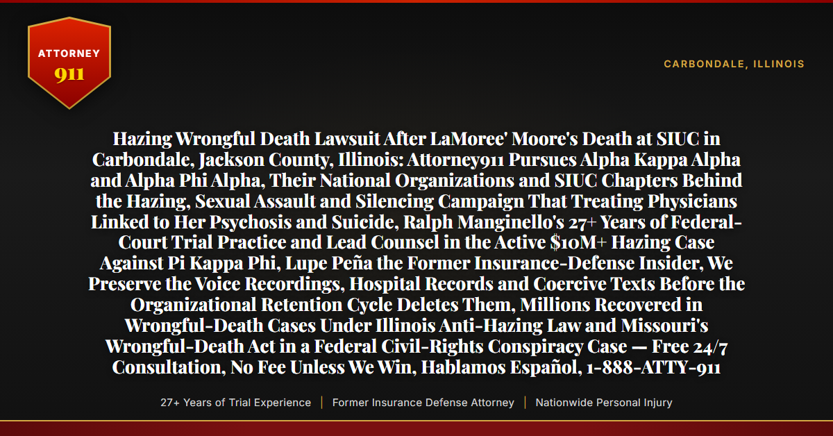 Hazing Wrongful Death Lawsuit After LaMoree' Moore's Death at SIUC in Carbondale, Jackson County, Illinois: Attorney911 Pursues Alpha Kappa Alpha and Alpha Phi Alpha, Their National Organizations and SIUC Chapters Behind the Hazing, Sexual Assault and Silencing Campaign That Treating Physicians Linked to Her Psychosis and Suicide, Ralph Manginello's 27+ Years of Federal-Court Trial Practice and Lead Counsel in the Active $10M+ Hazing Case Against Pi Kappa Phi, Lupe Peña the Former Insurance-Defense Insider, We Preserve the Voice Recordings, Hospital Records and Coercive Texts Before the Organizational Retention Cycle Deletes Them, Millions Recovered in Wrongful-Death Cases Under Illinois Anti-Hazing Law and Missouri's Wrongful-Death Act in a Federal Civil-Rights Conspiracy Case — Free 24/7 Consultation, No Fee Unless We Win, Hablamos Español, 1-888-ATTY-911 - Attorney911