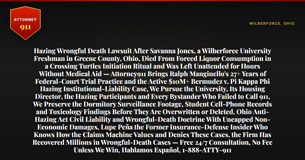 Hazing Wrongful Death Lawsuit After Savanna Jones, a Wilberforce University Freshman in Greene County, Ohio, Died From Forced Liquor Consumption in a Crossing Turtles Initiation Ritual and Was Left Unattended for Hours Without Medical Aid — Attorney911 Brings Ralph Manginello's 27+ Years of Federal-Court Trial Practice and the Active $10M+ Bermudez v. Pi Kappa Phi Hazing Institutional-Liability Case, We Pursue the University, Its Housing Director, the Hazing Participants and Every Bystander Who Failed to Call 911, We Preserve the Dormitory Surveillance Footage, Student Cell-Phone Records and Toxicology Findings Before They Are Overwritten or Deleted, Ohio Anti-Hazing Act Civil Liability and Wrongful-Death Doctrine With Uncapped Non-Economic Damages, Lupe Peña the Former Insurance-Defense Insider Who Knows How the Claims Machine Values and Denies These Cases, the Firm Has Recovered Millions in Wrongful-Death Cases — Free 24/7 Consultation, No Fee Unless We Win, Hablamos Español, 1-888-ATTY-911 - Attorney911