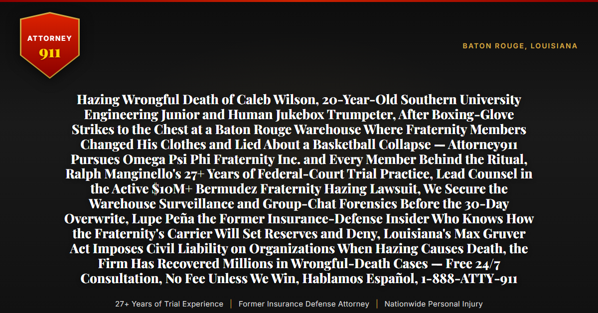 Hazing Wrongful Death of Caleb Wilson, 20-Year-Old Southern University Engineering Junior and Human Jukebox Trumpeter, After Boxing-Glove Strikes to the Chest at a Baton Rouge Warehouse Where Fraternity Members Changed His Clothes and Lied About a Basketball Collapse — Attorney911 Pursues Omega Psi Phi Fraternity Inc. and Every Member Behind the Ritual, Ralph Manginello's 27+ Years of Federal-Court Trial Practice, Lead Counsel in the Active $10M+ Bermudez Fraternity Hazing Lawsuit, We Secure the Warehouse Surveillance and Group-Chat Forensics Before the 30-Day Overwrite, Lupe Peña the Former Insurance-Defense Insider Who Knows How the Fraternity's Carrier Will Set Reserves and Deny, Louisiana's Max Gruver Act Imposes Civil Liability on Organizations When Hazing Causes Death, the Firm Has Recovered Millions in Wrongful-Death Cases — Free 24/7 Consultation, No Fee Unless We Win, Hablamos Español, 1-888-ATTY-911 - Attorney911