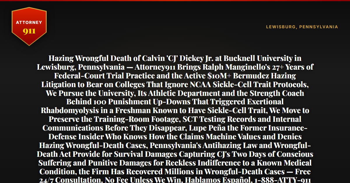 Hazing Wrongful Death of Calvin 'CJ' Dickey Jr. at Bucknell University in Lewisburg, Pennsylvania — Attorney911 Brings Ralph Manginello's 27+ Years of Federal-Court Trial Practice and the Active $10M+ Bermudez Hazing Litigation to Bear on Colleges That Ignore NCAA Sickle-Cell Trait Protocols, We Pursue the University, Its Athletic Department and the Strength Coach Behind 100 Punishment Up-Downs That Triggered Exertional Rhabdomyolysis in a Freshman Known to Have Sickle-Cell Trait, We Move to Preserve the Training-Room Footage, SCT Testing Records and Internal Communications Before They Disappear, Lupe Peña the Former Insurance-Defense Insider Who Knows How the Claims Machine Values and Denies Hazing Wrongful-Death Cases, Pennsylvania's Antihazing Law and Wrongful-Death Act Provide for Survival Damages Capturing CJ's Two Days of Conscious Suffering and Punitive Damages for Reckless Indifference to a Known Medical Condition, the Firm Has Recovered Millions in Wrongful-Death Cases — Free 24/7 Consultation, No Fee Unless We Win, Hablamos Español, 1-888-ATTY-911 - Attorney911