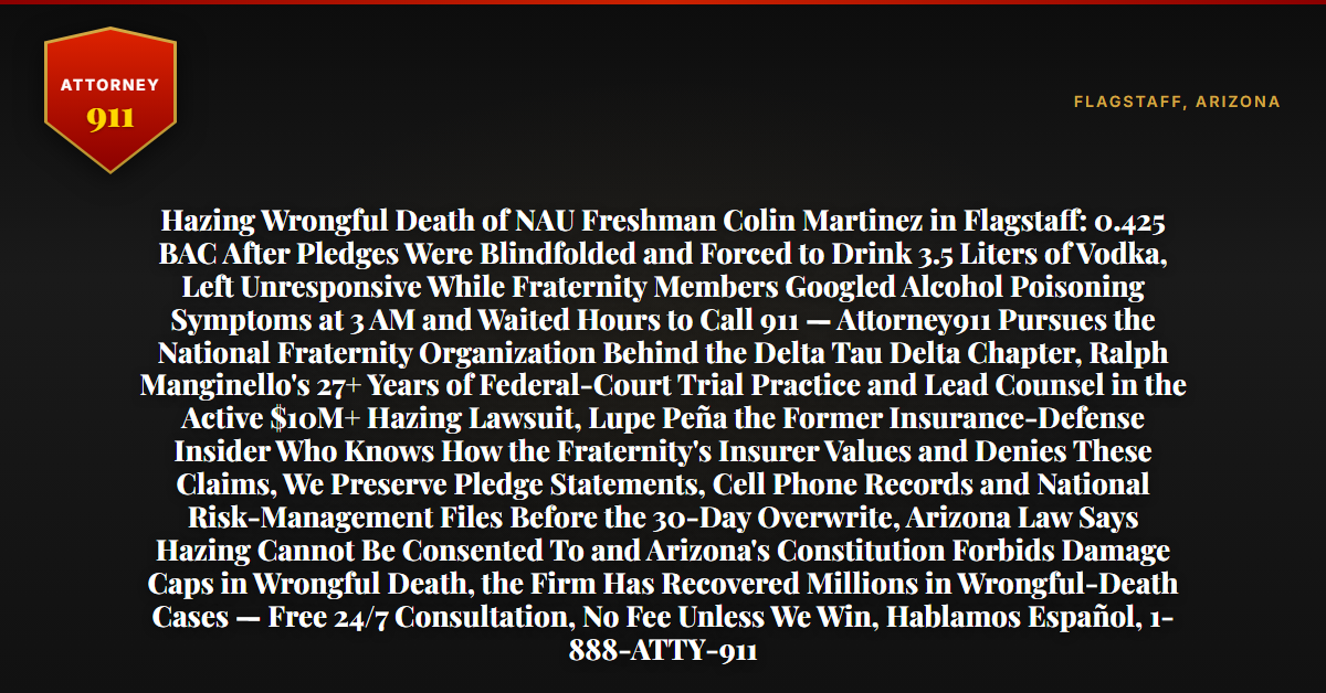 Hazing Wrongful Death of NAU Freshman Colin Martinez in Flagstaff: 0.425 BAC After Pledges Were Blindfolded and Forced to Drink 3.5 Liters of Vodka, Left Unresponsive While Fraternity Members Googled Alcohol Poisoning Symptoms at 3 AM and Waited Hours to Call 911 — Attorney911 Pursues the National Fraternity Organization Behind the Delta Tau Delta Chapter, Ralph Manginello's 27+ Years of Federal-Court Trial Practice and Lead Counsel in the Active $10M+ Hazing Lawsuit, Lupe Peña the Former Insurance-Defense Insider Who Knows How the Fraternity's Insurer Values and Denies These Claims, We Preserve Pledge Statements, Cell Phone Records and National Risk-Management Files Before the 30-Day Overwrite, Arizona Law Says Hazing Cannot Be Consented To and Arizona's Constitution Forbids Damage Caps in Wrongful Death, the Firm Has Recovered Millions in Wrongful-Death Cases — Free 24/7 Consultation, No Fee Unless We Win, Hablamos Español, 1-888-ATTY-911 - Attorney911