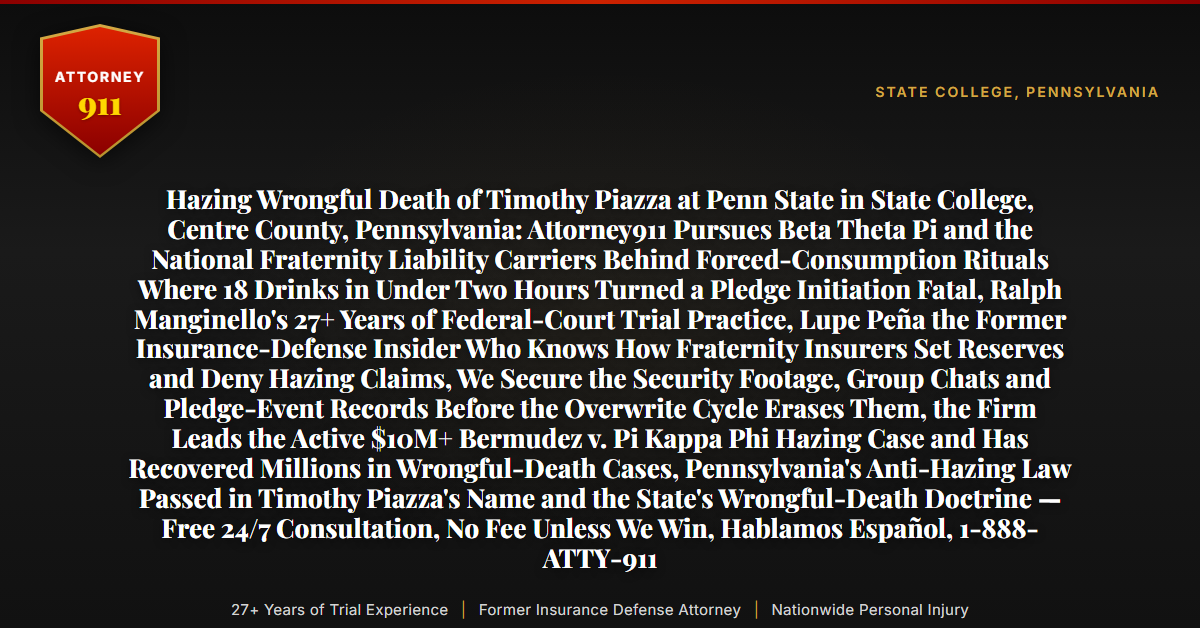 Hazing Wrongful Death of Timothy Piazza at Penn State in State College, Centre County, Pennsylvania: Attorney911 Pursues Beta Theta Pi and the National Fraternity Liability Carriers Behind Forced-Consumption Rituals Where 18 Drinks in Under Two Hours Turned a Pledge Initiation Fatal, Ralph Manginello's 27+ Years of Federal-Court Trial Practice, Lupe Peña the Former Insurance-Defense Insider Who Knows How Fraternity Insurers Set Reserves and Deny Hazing Claims, We Secure the Security Footage, Group Chats and Pledge-Event Records Before the Overwrite Cycle Erases Them, the Firm Leads the Active $10M+ Bermudez v. Pi Kappa Phi Hazing Case and Has Recovered Millions in Wrongful-Death Cases, Pennsylvania's Anti-Hazing Law Passed in Timothy Piazza's Name and the State's Wrongful-Death Doctrine — Free 24/7 Consultation, No Fee Unless We Win, Hablamos Español, 1-888-ATTY-911 - Attorney911