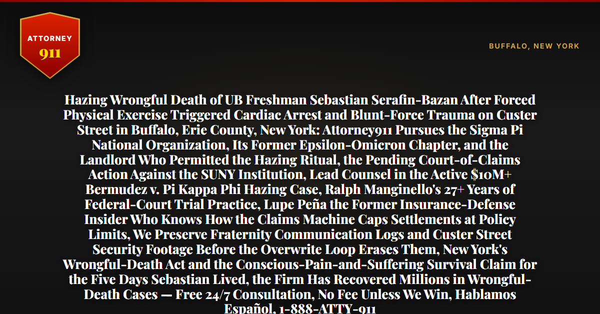 Hazing Wrongful Death of UB Freshman Sebastian Serafin-Bazan After Forced Physical Exercise Triggered Cardiac Arrest and Blunt-Force Trauma on Custer Street in Buffalo, Erie County, New York: Attorney911 Pursues the Sigma Pi National Organization, Its Former Epsilon-Omicron Chapter, and the Landlord Who Permitted the Hazing Ritual, the Pending Court-of-Claims Action Against the SUNY Institution, Lead Counsel in the Active $10M+ Bermudez v. Pi Kappa Phi Hazing Case, Ralph Manginello's 27+ Years of Federal-Court Trial Practice, Lupe Peña the Former Insurance-Defense Insider Who Knows How the Claims Machine Caps Settlements at Policy Limits, We Preserve Fraternity Communication Logs and Custer Street Security Footage Before the Overwrite Loop Erases Them, New York's Wrongful-Death Act and the Conscious-Pain-and-Suffering Survival Claim for the Five Days Sebastian Lived, the Firm Has Recovered Millions in Wrongful-Death Cases — Free 24/7 Consultation, No Fee Unless We Win, Hablamos Español, 1-888-ATTY-911 - Attorney911