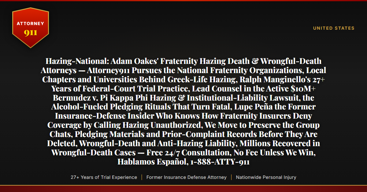 Hazing-National: Adam Oakes' Fraternity Hazing Death & Wrongful-Death Attorneys — Attorney911 Pursues the National Fraternity Organizations, Local Chapters and Universities Behind Greek-Life Hazing, Ralph Manginello's 27+ Years of Federal-Court Trial Practice, Lead Counsel in the Active $10M+ Bermudez v. Pi Kappa Phi Hazing & Institutional-Liability Lawsuit, the Alcohol-Fueled Pledging Rituals That Turn Fatal, Lupe Peña the Former Insurance-Defense Insider Who Knows How Fraternity Insurers Deny Coverage by Calling Hazing Unauthorized, We Move to Preserve the Group Chats, Pledging Materials and Prior-Complaint Records Before They Are Deleted, Wrongful-Death and Anti-Hazing Liability, Millions Recovered in Wrongful-Death Cases — Free 24/7 Consultation, No Fee Unless We Win, Hablamos Español, 1-888-ATTY-911 - Attorney911