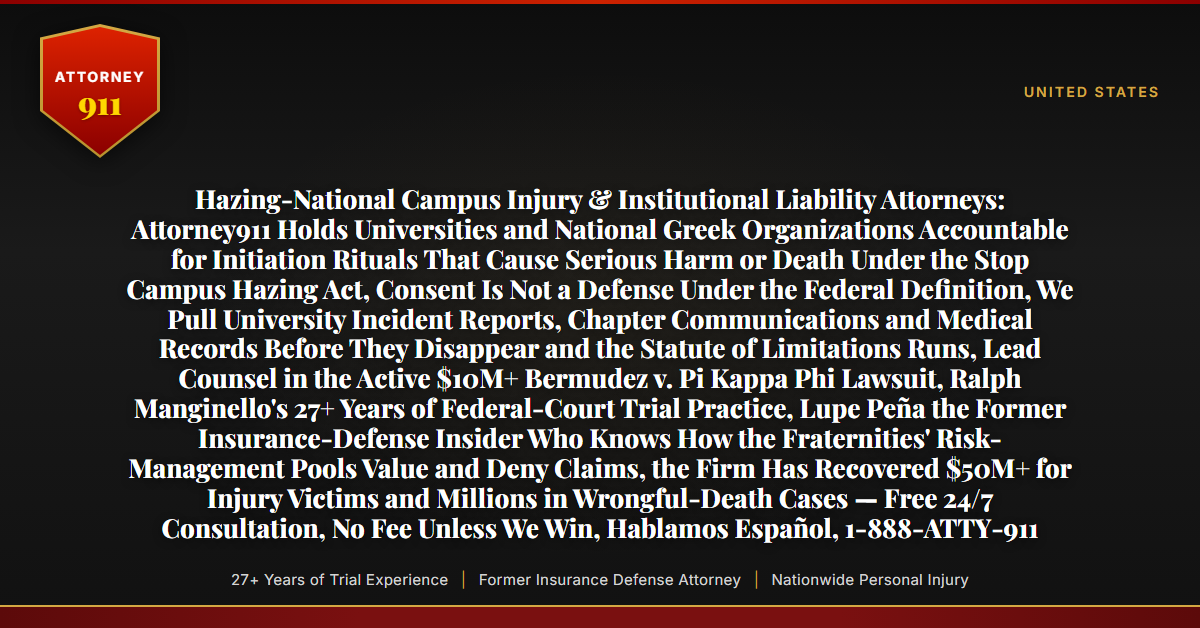 Hazing-National Campus Injury & Institutional Liability Attorneys: Attorney911 Holds Universities and National Greek Organizations Accountable for Initiation Rituals That Cause Serious Harm or Death Under the Stop Campus Hazing Act, Consent Is Not a Defense Under the Federal Definition, We Pull University Incident Reports, Chapter Communications and Medical Records Before They Disappear and the Statute of Limitations Runs, Lead Counsel in the Active $10M+ Bermudez v. Pi Kappa Phi Lawsuit, Ralph Manginello's 27+ Years of Federal-Court Trial Practice, Lupe Peña the Former Insurance-Defense Insider Who Knows How the Fraternities' Risk-Management Pools Value and Deny Claims, the Firm Has Recovered $50M+ for Injury Victims and Millions in Wrongful-Death Cases — Free 24/7 Consultation, No Fee Unless We Win, Hablamos Español, 1-888-ATTY-911 - Attorney911