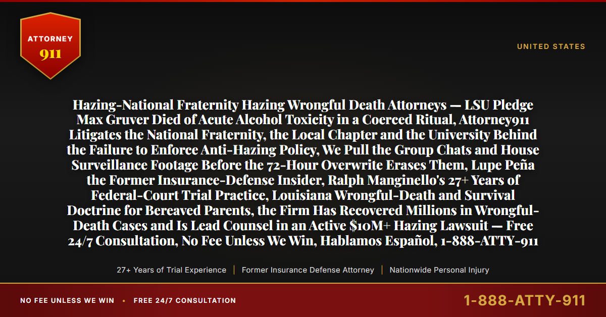 Hazing-National Fraternity Hazing Wrongful Death Attorneys — LSU Pledge Max Gruver Died of Acute Alcohol Toxicity in a Coerced Ritual, Attorney911 Litigates the National Fraternity, the Local Chapter and the University Behind the Failure to Enforce Anti-Hazing Policy, We Pull the Group Chats and House Surveillance Footage Before the 72-Hour Overwrite Erases Them, Lupe Peña the Former Insurance-Defense Insider, Ralph Manginello's 27+ Years of Federal-Court Trial Practice, Louisiana Wrongful-Death and Survival Doctrine for Bereaved Parents, the Firm Has Recovered Millions in Wrongful-Death Cases and Is Lead Counsel in an Active $10M+ Hazing Lawsuit — Free 24/7 Consultation, No Fee Unless We Win, Hablamos Español, 1-888-ATTY-911 - Attorney911