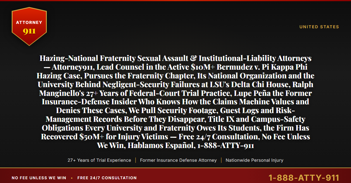 Hazing-National Fraternity Sexual Assault & Institutional-Liability Attorneys — Attorney911, Lead Counsel in the Active $10M+ Bermudez v. Pi Kappa Phi Hazing Case, Pursues the Fraternity Chapter, Its National Organization and the University Behind Negligent-Security Failures at LSU's Delta Chi House, Ralph Manginello's 27+ Years of Federal-Court Trial Practice, Lupe Peña the Former Insurance-Defense Insider Who Knows How the Claims Machine Values and Denies These Cases, We Pull Security Footage, Guest Logs and Risk-Management Records Before They Disappear, Title IX and Campus-Safety Obligations Every University and Fraternity Owes Its Students, the Firm Has Recovered $50M+ for Injury Victims — Free 24/7 Consultation, No Fee Unless We Win, Hablamos Español, 1-888-ATTY-911 - Attorney911
