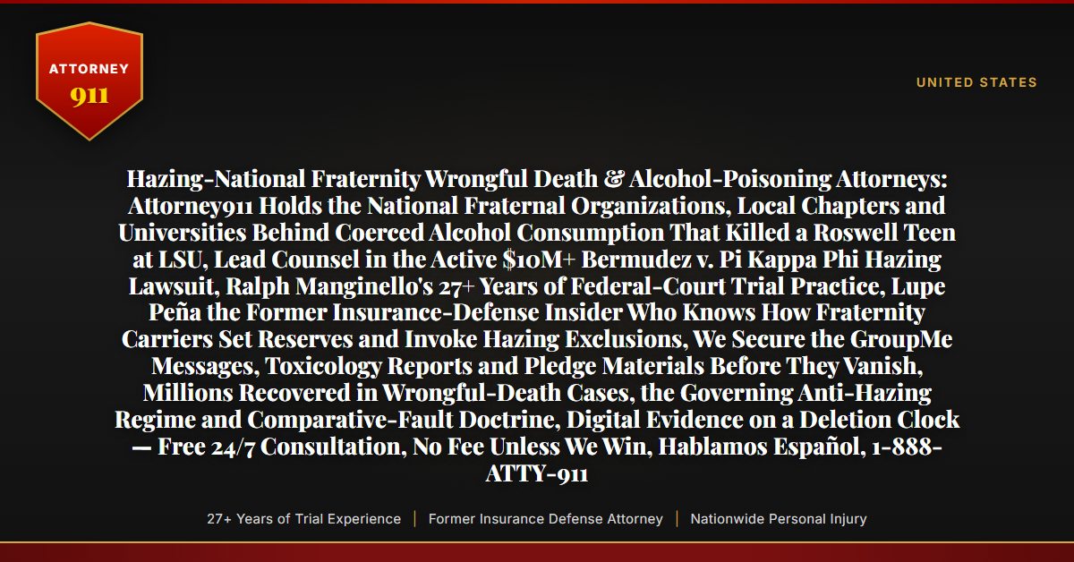 Hazing-National Fraternity Wrongful Death & Alcohol-Poisoning Attorneys: Attorney911 Holds the National Fraternal Organizations, Local Chapters and Universities Behind Coerced Alcohol Consumption That Killed a Roswell Teen at LSU, Lead Counsel in the Active $10M+ Bermudez v. Pi Kappa Phi Hazing Lawsuit, Ralph Manginello's 27+ Years of Federal-Court Trial Practice, Lupe Peña the Former Insurance-Defense Insider Who Knows How Fraternity Carriers Set Reserves and Invoke Hazing Exclusions, We Secure the GroupMe Messages, Toxicology Reports and Pledge Materials Before They Vanish, Millions Recovered in Wrongful-Death Cases, the Governing Anti-Hazing Regime and Comparative-Fault Doctrine, Digital Evidence on a Deletion Clock — Free 24/7 Consultation, No Fee Unless We Win, Hablamos Español, 1-888-ATTY-911 - Attorney911