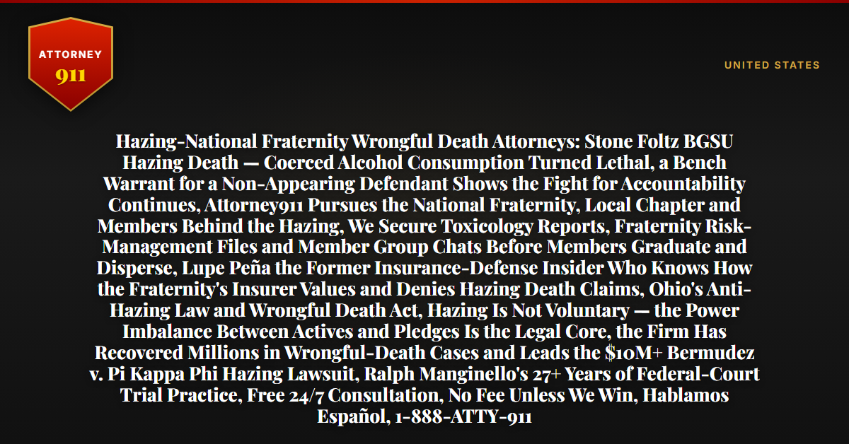 Hazing-National Fraternity Wrongful Death Attorneys: Stone Foltz BGSU Hazing Death — Coerced Alcohol Consumption Turned Lethal, a Bench Warrant for a Non-Appearing Defendant Shows the Fight for Accountability Continues, Attorney911 Pursues the National Fraternity, Local Chapter and Members Behind the Hazing, We Secure Toxicology Reports, Fraternity Risk-Management Files and Member Group Chats Before Members Graduate and Disperse, Lupe Peña the Former Insurance-Defense Insider Who Knows How the Fraternity's Insurer Values and Denies Hazing Death Claims, Ohio's Anti-Hazing Law and Wrongful Death Act, Hazing Is Not Voluntary — the Power Imbalance Between Actives and Pledges Is the Legal Core, the Firm Has Recovered Millions in Wrongful-Death Cases and Leads the $10M+ Bermudez v. Pi Kappa Phi Hazing Lawsuit, Ralph Manginello's 27+ Years of Federal-Court Trial Practice, Free 24/7 Consultation, No Fee Unless We Win, Hablamos Español, 1-888-ATTY-911 - Attorney911