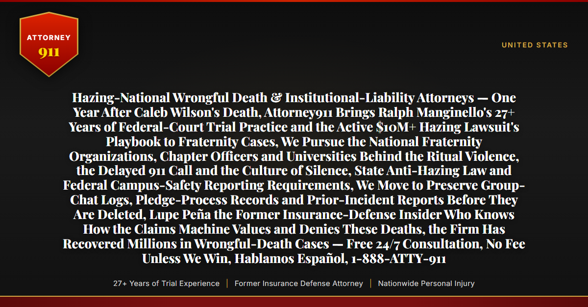 Hazing-National Wrongful Death & Institutional-Liability Attorneys — One Year After Caleb Wilson's Death, Attorney911 Brings Ralph Manginello's 27+ Years of Federal-Court Trial Practice and the Active $10M+ Hazing Lawsuit's Playbook to Fraternity Cases, We Pursue the National Fraternity Organizations, Chapter Officers and Universities Behind the Ritual Violence, the Delayed 911 Call and the Culture of Silence, State Anti-Hazing Law and Federal Campus-Safety Reporting Requirements, We Move to Preserve Group-Chat Logs, Pledge-Process Records and Prior-Incident Reports Before They Are Deleted, Lupe Peña the Former Insurance-Defense Insider Who Knows How the Claims Machine Values and Denies These Deaths, the Firm Has Recovered Millions in Wrongful-Death Cases — Free 24/7 Consultation, No Fee Unless We Win, Hablamos Español, 1-888-ATTY-911 - Attorney911