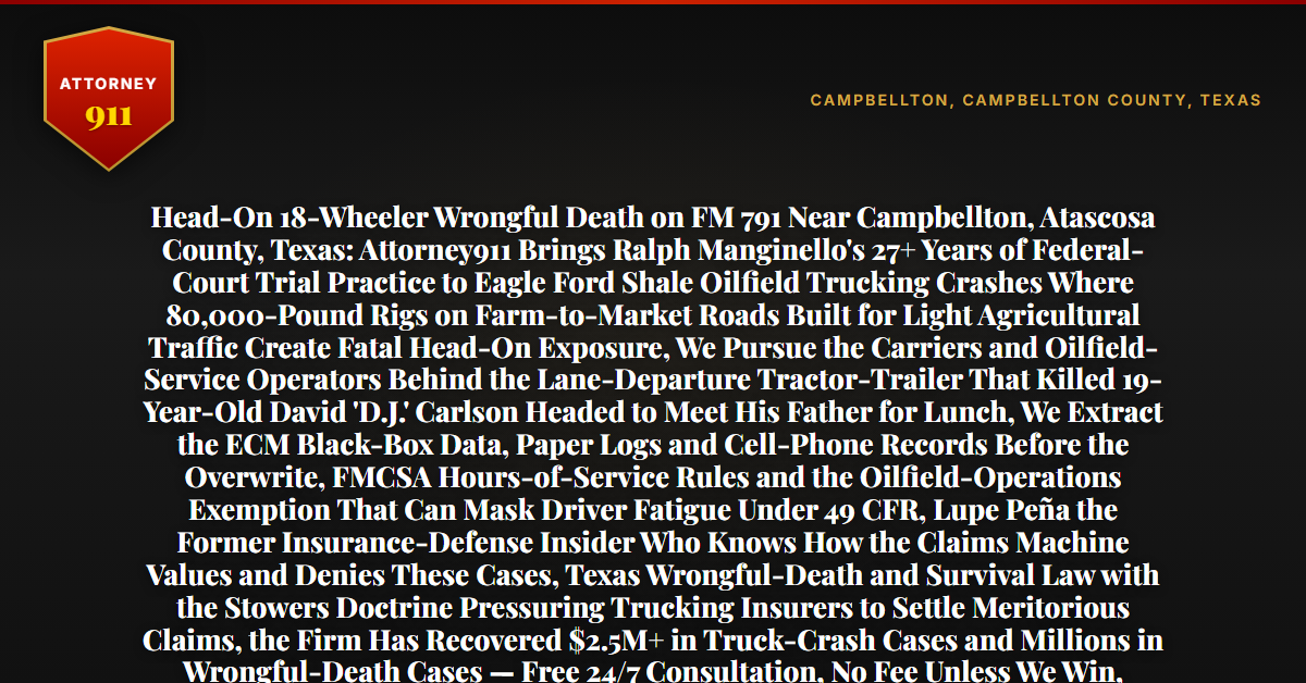 Head-On 18-Wheeler Wrongful Death on FM 791 Near Campbellton, Atascosa County, Texas: Attorney911 Brings Ralph Manginello's 27+ Years of Federal-Court Trial Practice to Eagle Ford Shale Oilfield Trucking Crashes Where 80,000-Pound Rigs on Farm-to-Market Roads Built for Light Agricultural Traffic Create Fatal Head-On Exposure, We Pursue the Carriers and Oilfield-Service Operators Behind the Lane-Departure Tractor-Trailer That Killed 19-Year-Old David 'D.J.' Carlson Headed to Meet His Father for Lunch, We Extract the ECM Black-Box Data, Paper Logs and Cell-Phone Records Before the Overwrite, FMCSA Hours-of-Service Rules and the Oilfield-Operations Exemption That Can Mask Driver Fatigue Under 49 CFR, Lupe Peña the Former Insurance-Defense Insider Who Knows How the Claims Machine Values and Denies These Cases, Texas Wrongful-Death and Survival Law with the Stowers Doctrine Pressuring Trucking Insurers to Settle Meritorious Claims, the Firm Has Recovered $2.5M+ in Truck-Crash Cases and Millions in Wrongful-Death Cases — Free 24/7 Consultation, No Fee Unless We Win, Hablamos Español, 1-888-ATTY-911 - Attorney911