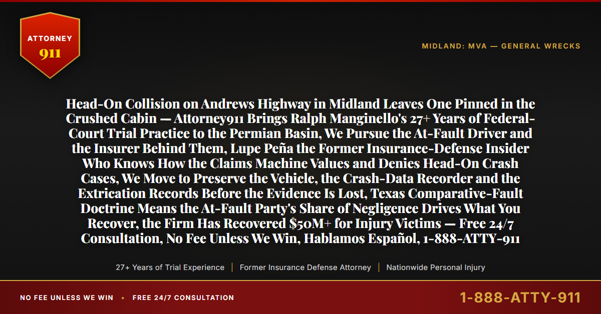 Head-On Collision on Andrews Highway in Midland Leaves One Pinned in the Crushed Cabin — Attorney911 Brings Ralph Manginello's 27+ Years of Federal-Court Trial Practice to the Permian Basin, We Pursue the At-Fault Driver and the Insurer Behind Them, Lupe Peña the Former Insurance-Defense Insider Who Knows How the Claims Machine Values and Denies Head-On Crash Cases, We Move to Preserve the Vehicle, the Crash-Data Recorder and the Extrication Records Before the Evidence Is Lost, Texas Comparative-Fault Doctrine Means the At-Fault Party's Share of Negligence Drives What You Recover, the Firm Has Recovered $50M+ for Injury Victims — Free 24/7 Consultation, No Fee Unless We Win, Hablamos Español, 1-888-ATTY-911 - Attorney911