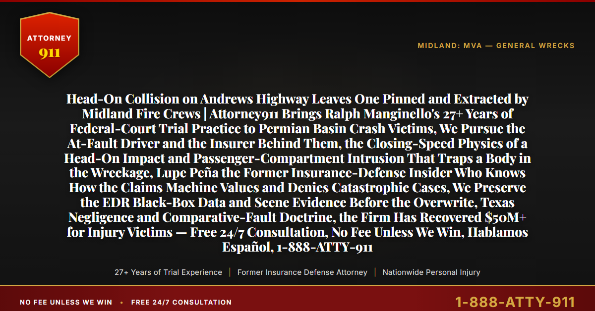 Head-On Collision on Andrews Highway Leaves One Pinned and Extracted by Midland Fire Crews | Attorney911 Brings Ralph Manginello's 27+ Years of Federal-Court Trial Practice to Permian Basin Crash Victims, We Pursue the At-Fault Driver and the Insurer Behind Them, the Closing-Speed Physics of a Head-On Impact and Passenger-Compartment Intrusion That Traps a Body in the Wreckage, Lupe Peña the Former Insurance-Defense Insider Who Knows How the Claims Machine Values and Denies Catastrophic Cases, We Preserve the EDR Black-Box Data and Scene Evidence Before the Overwrite, Texas Negligence and Comparative-Fault Doctrine, the Firm Has Recovered $50M+ for Injury Victims — Free 24/7 Consultation, No Fee Unless We Win, Hablamos Español, 1-888-ATTY-911 - Attorney911