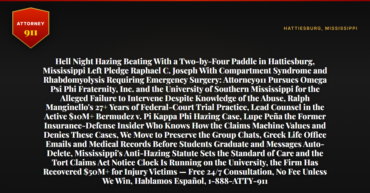 Hell Night Hazing Beating With a Two-by-Four Paddle in Hattiesburg, Mississippi Left Pledge Raphael C. Joseph With Compartment Syndrome and Rhabdomyolysis Requiring Emergency Surgery: Attorney911 Pursues Omega Psi Phi Fraternity, Inc. and the University of Southern Mississippi for the Alleged Failure to Intervene Despite Knowledge of the Abuse, Ralph Manginello's 27+ Years of Federal-Court Trial Practice, Lead Counsel in the Active $10M+ Bermudez v. Pi Kappa Phi Hazing Case, Lupe Peña the Former Insurance-Defense Insider Who Knows How the Claims Machine Values and Denies These Cases, We Move to Preserve the Group Chats, Greek Life Office Emails and Medical Records Before Students Graduate and Messages Auto-Delete, Mississippi's Anti-Hazing Statute Sets the Standard of Care and the Tort Claims Act Notice Clock Is Running on the University, the Firm Has Recovered $50M+ for Injury Victims — Free 24/7 Consultation, No Fee Unless We Win, Hablamos Español, 1-888-ATTY-911 - Attorney911