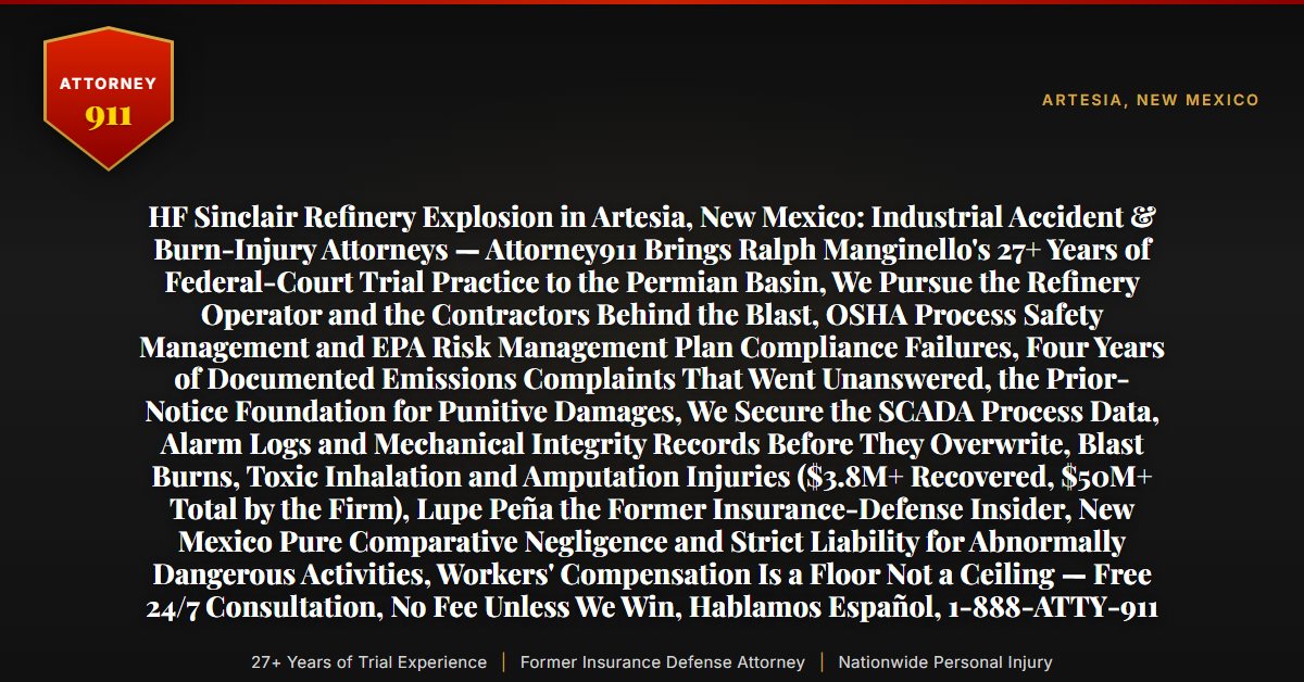 HF Sinclair Refinery Explosion in Artesia, New Mexico: Industrial Accident & Burn-Injury Attorneys — Attorney911 Brings Ralph Manginello's 27+ Years of Federal-Court Trial Practice to the Permian Basin, We Pursue the Refinery Operator and the Contractors Behind the Blast, OSHA Process Safety Management and EPA Risk Management Plan Compliance Failures, Four Years of Documented Emissions Complaints That Went Unanswered, the Prior-Notice Foundation for Punitive Damages, We Secure the SCADA Process Data, Alarm Logs and Mechanical Integrity Records Before They Overwrite, Blast Burns, Toxic Inhalation and Amputation Injuries ($3.8M+ Recovered, $50M+ Total by the Firm), Lupe Peña the Former Insurance-Defense Insider, New Mexico Pure Comparative Negligence and Strict Liability for Abnormally Dangerous Activities, Workers' Compensation Is a Floor Not a Ceiling — Free 24/7 Consultation, No Fee Unless We Win, Hablamos Español, 1-888-ATTY-911 - Attorney911