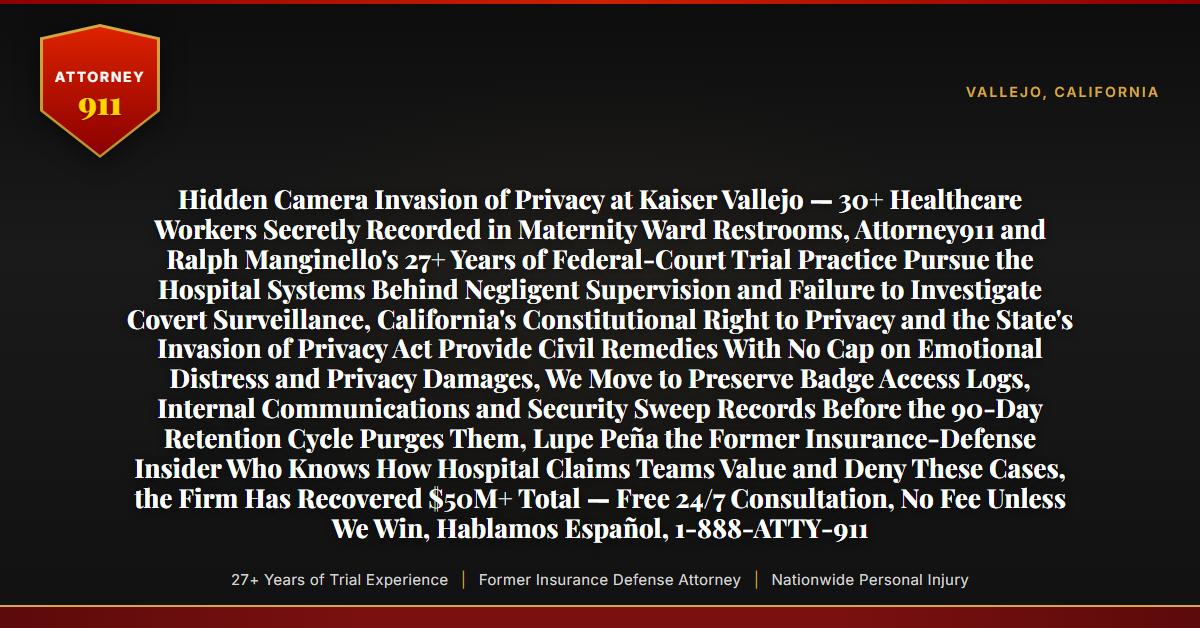 Hidden Camera Invasion of Privacy at Kaiser Vallejo — 30+ Healthcare Workers Secretly Recorded in Maternity Ward Restrooms, Attorney911 and Ralph Manginello's 27+ Years of Federal-Court Trial Practice Pursue the Hospital Systems Behind Negligent Supervision and Failure to Investigate Covert Surveillance, California's Constitutional Right to Privacy and the State's Invasion of Privacy Act Provide Civil Remedies With No Cap on Emotional Distress and Privacy Damages, We Move to Preserve Badge Access Logs, Internal Communications and Security Sweep Records Before the 90-Day Retention Cycle Purges Them, Lupe Peña the Former Insurance-Defense Insider Who Knows How Hospital Claims Teams Value and Deny These Cases, the Firm Has Recovered $50M+ Total — Free 24/7 Consultation, No Fee Unless We Win, Hablamos Español, 1-888-ATTY-911 - Attorney911
