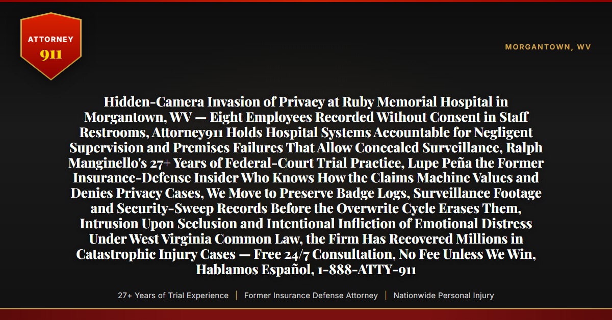Hidden-Camera Invasion of Privacy at Ruby Memorial Hospital in Morgantown, WV — Eight Employees Recorded Without Consent in Staff Restrooms, Attorney911 Holds Hospital Systems Accountable for Negligent Supervision and Premises Failures That Allow Concealed Surveillance, Ralph Manginello's 27+ Years of Federal-Court Trial Practice, Lupe Peña the Former Insurance-Defense Insider Who Knows How the Claims Machine Values and Denies Privacy Cases, We Move to Preserve Badge Logs, Surveillance Footage and Security-Sweep Records Before the Overwrite Cycle Erases Them, Intrusion Upon Seclusion and Intentional Infliction of Emotional Distress Under West Virginia Common Law, the Firm Has Recovered Millions in Catastrophic Injury Cases — Free 24/7 Consultation, No Fee Unless We Win, Hablamos Español, 1-888-ATTY-911 - Attorney911