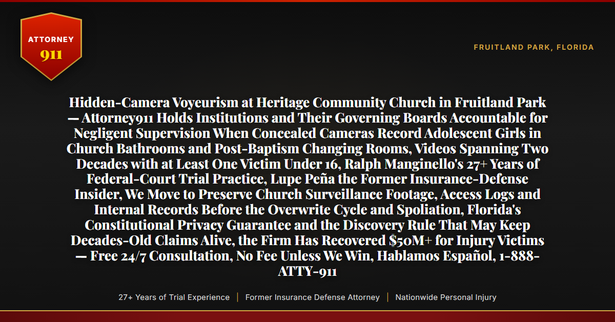 Hidden-Camera Voyeurism at Heritage Community Church in Fruitland Park — Attorney911 Holds Institutions and Their Governing Boards Accountable for Negligent Supervision When Concealed Cameras Record Adolescent Girls in Church Bathrooms and Post-Baptism Changing Rooms, Videos Spanning Two Decades with at Least One Victim Under 16, Ralph Manginello's 27+ Years of Federal-Court Trial Practice, Lupe Peña the Former Insurance-Defense Insider, We Move to Preserve Church Surveillance Footage, Access Logs and Internal Records Before the Overwrite Cycle and Spoliation, Florida's Constitutional Privacy Guarantee and the Discovery Rule That May Keep Decades-Old Claims Alive, the Firm Has Recovered $50M+ for Injury Victims — Free 24/7 Consultation, No Fee Unless We Win, Hablamos Español, 1-888-ATTY-911 - Attorney911