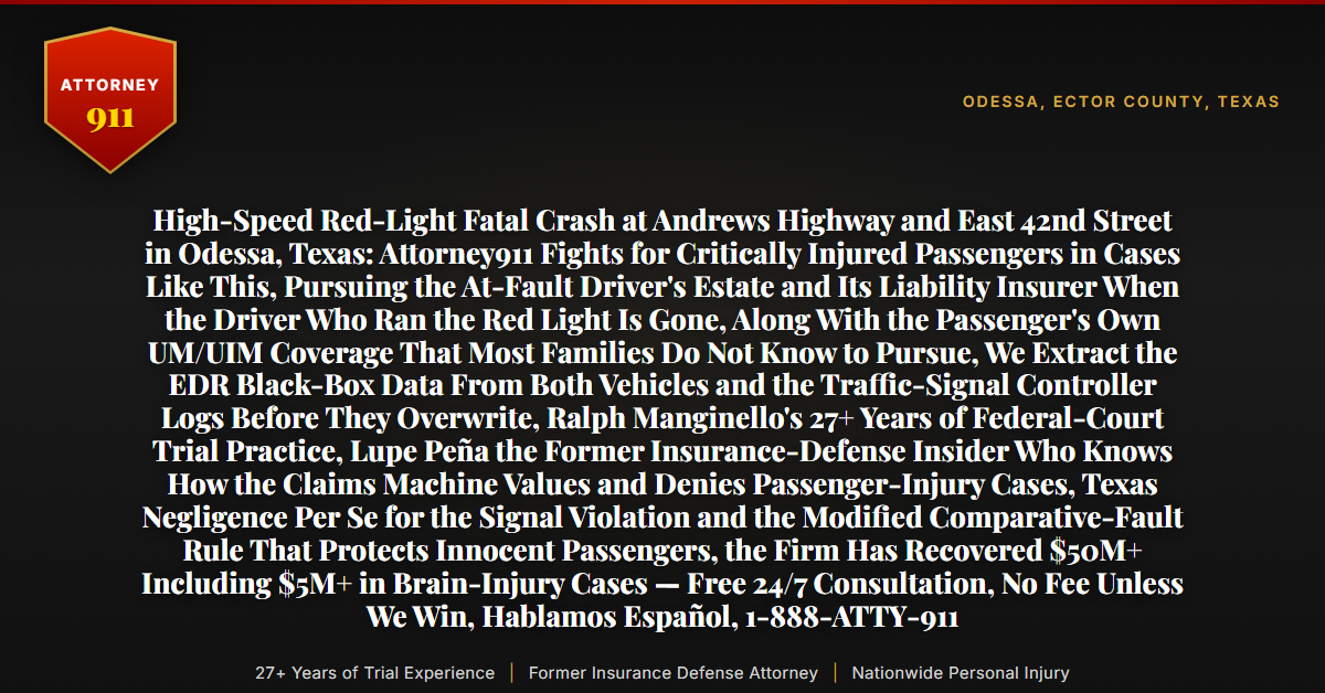 High-Speed Red-Light Fatal Crash at Andrews Highway and East 42nd Street in Odessa, Texas: Attorney911 Fights for Critically Injured Passengers in Cases Like This, Pursuing the At-Fault Driver's Estate and Its Liability Insurer When the Driver Who Ran the Red Light Is Gone, Along With the Passenger's Own UM/UIM Coverage That Most Families Do Not Know to Pursue, We Extract the EDR Black-Box Data From Both Vehicles and the Traffic-Signal Controller Logs Before They Overwrite, Ralph Manginello's 27+ Years of Federal-Court Trial Practice, Lupe Peña the Former Insurance-Defense Insider Who Knows How the Claims Machine Values and Denies Passenger-Injury Cases, Texas Negligence Per Se for the Signal Violation and the Modified Comparative-Fault Rule That Protects Innocent Passengers, the Firm Has Recovered $50M+ Including $5M+ in Brain-Injury Cases — Free 24/7 Consultation, No Fee Unless We Win, Hablamos Español, 1-888-ATTY-911 - Attorney911