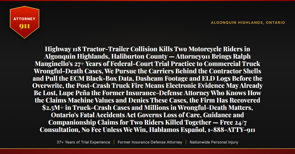 Highway 118 Tractor-Trailer Collision Kills Two Motorcycle Riders in Algonquin Highlands, Haliburton County — Attorney911 Brings Ralph Manginello's 27+ Years of Federal-Court Trial Practice to Commercial Truck Wrongful-Death Cases, We Pursue the Carriers Behind the Contractor Shells and Pull the ECM Black-Box Data, Dashcam Footage and ELD Logs Before the Overwrite, the Post-Crash Truck Fire Means Electronic Evidence May Already Be Lost, Lupe Peña the Former Insurance-Defense Attorney Who Knows How the Claims Machine Values and Denies These Cases, the Firm Has Recovered $2.5M+ in Truck-Crash Cases and Millions in Wrongful-Death Matters, Ontario's Fatal Accidents Act Governs Loss of Care, Guidance and Companionship Claims for Two Riders Killed Together — Free 24/7 Consultation, No Fee Unless We Win, Hablamos Español, 1-888-ATTY-911 - Attorney911