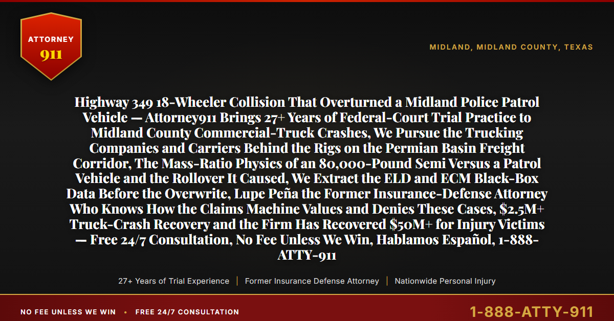 Highway 349 18-Wheeler Collision That Overturned a Midland Police Patrol Vehicle — Attorney911 Brings 27+ Years of Federal-Court Trial Practice to Midland County Commercial-Truck Crashes, We Pursue the Trucking Companies and Carriers Behind the Rigs on the Permian Basin Freight Corridor, The Mass-Ratio Physics of an 80,000-Pound Semi Versus a Patrol Vehicle and the Rollover It Caused, We Extract the ELD and ECM Black-Box Data Before the Overwrite, Lupe Peña the Former Insurance-Defense Attorney Who Knows How the Claims Machine Values and Denies These Cases, $2.5M+ Truck-Crash Recovery and the Firm Has Recovered $50M+ for Injury Victims — Free 24/7 Consultation, No Fee Unless We Win, Hablamos Español, 1-888-ATTY-911 - Attorney911