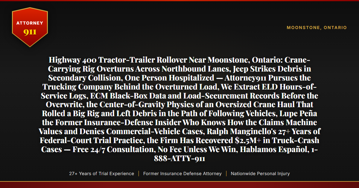Highway 400 Tractor-Trailer Rollover Near Moonstone, Ontario: Crane-Carrying Rig Overturns Across Northbound Lanes, Jeep Strikes Debris in Secondary Collision, One Person Hospitalized — Attorney911 Pursues the Trucking Company Behind the Overturned Load, We Extract ELD Hours-of-Service Logs, ECM Black-Box Data and Load-Securement Records Before the Overwrite, the Center-of-Gravity Physics of an Oversized Crane Haul That Rolled a Big Rig and Left Debris in the Path of Following Vehicles, Lupe Peña the Former Insurance-Defense Insider Who Knows How the Claims Machine Values and Denies Commercial-Vehicle Cases, Ralph Manginello's 27+ Years of Federal-Court Trial Practice, the Firm Has Recovered $2.5M+ in Truck-Crash Cases — Free 24/7 Consultation, No Fee Unless We Win, Hablamos Español, 1-888-ATTY-911 - Attorney911