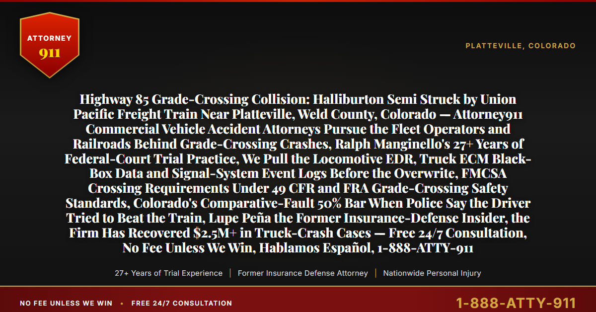 Highway 85 Grade-Crossing Collision: Halliburton Semi Struck by Union Pacific Freight Train Near Platteville, Weld County, Colorado — Attorney911 Commercial Vehicle Accident Attorneys Pursue the Fleet Operators and Railroads Behind Grade-Crossing Crashes, Ralph Manginello's 27+ Years of Federal-Court Trial Practice, We Pull the Locomotive EDR, Truck ECM Black-Box Data and Signal-System Event Logs Before the Overwrite, FMCSA Crossing Requirements Under 49 CFR and FRA Grade-Crossing Safety Standards, Colorado's Comparative-Fault 50% Bar When Police Say the Driver Tried to Beat the Train, Lupe Peña the Former Insurance-Defense Insider, the Firm Has Recovered $2.5M+ in Truck-Crash Cases — Free 24/7 Consultation, No Fee Unless We Win, Hablamos Español, 1-888-ATTY-911 - Attorney911